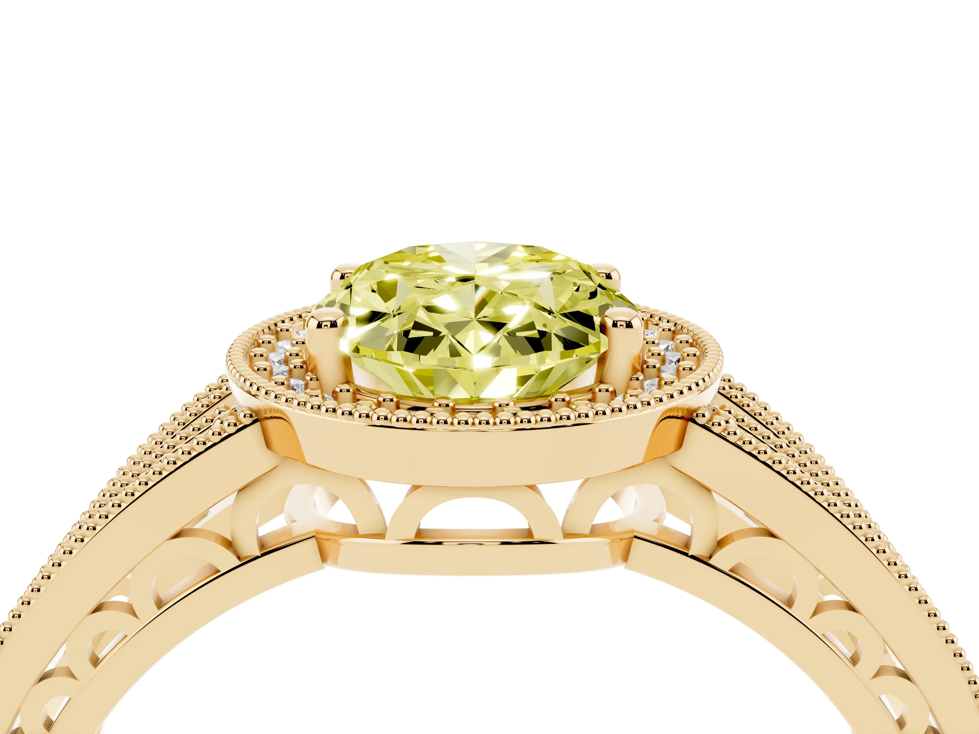 Fancy Yellow Oval Cut Diamond Halo Ring Set in Yellow gold with Accent Split Shank and Prong Setting