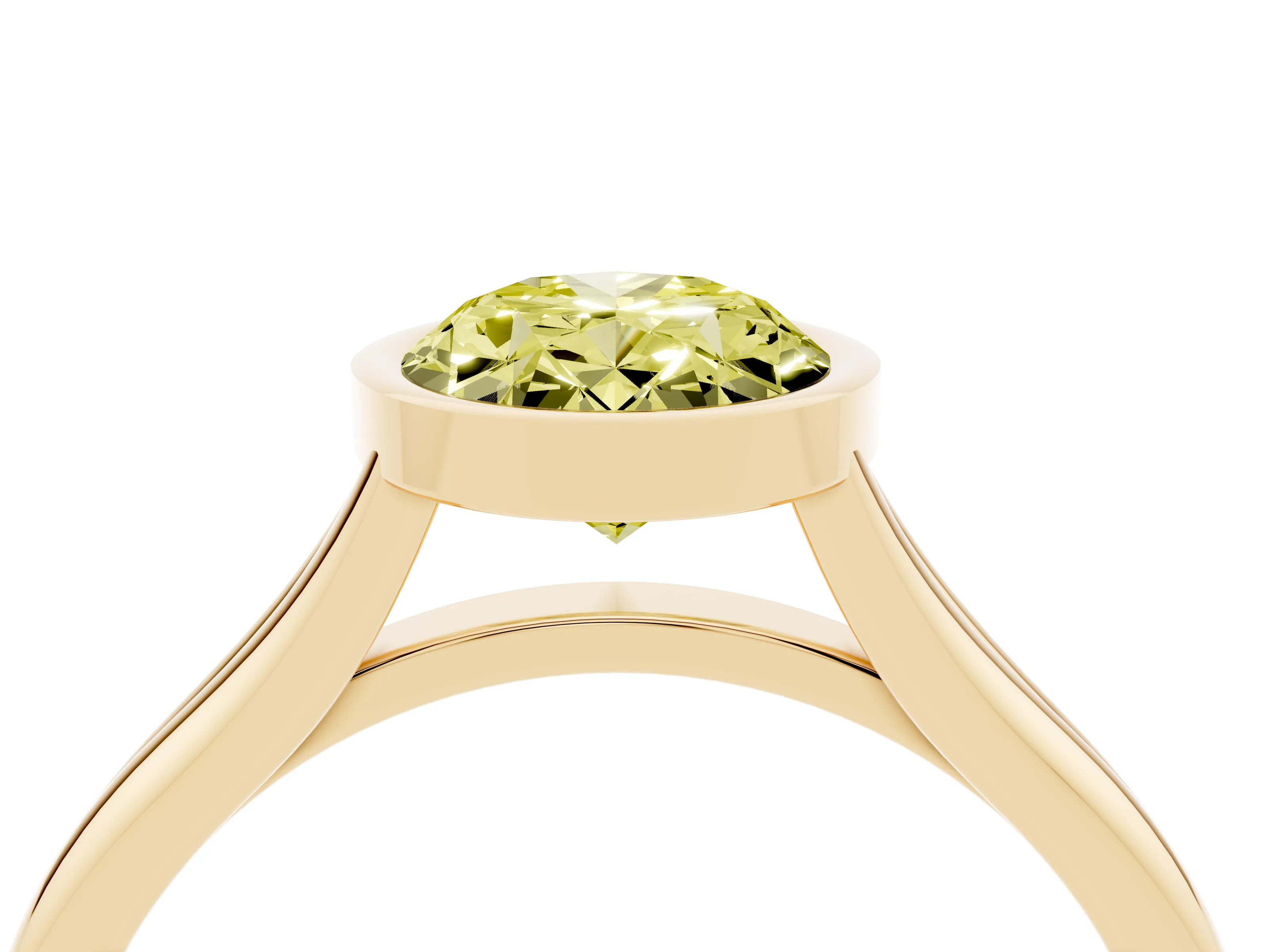 Fancy Yellow Bezel Set Oval Cut Diamond Solitaire Ring Set in Yellow gold with Tapered Band
