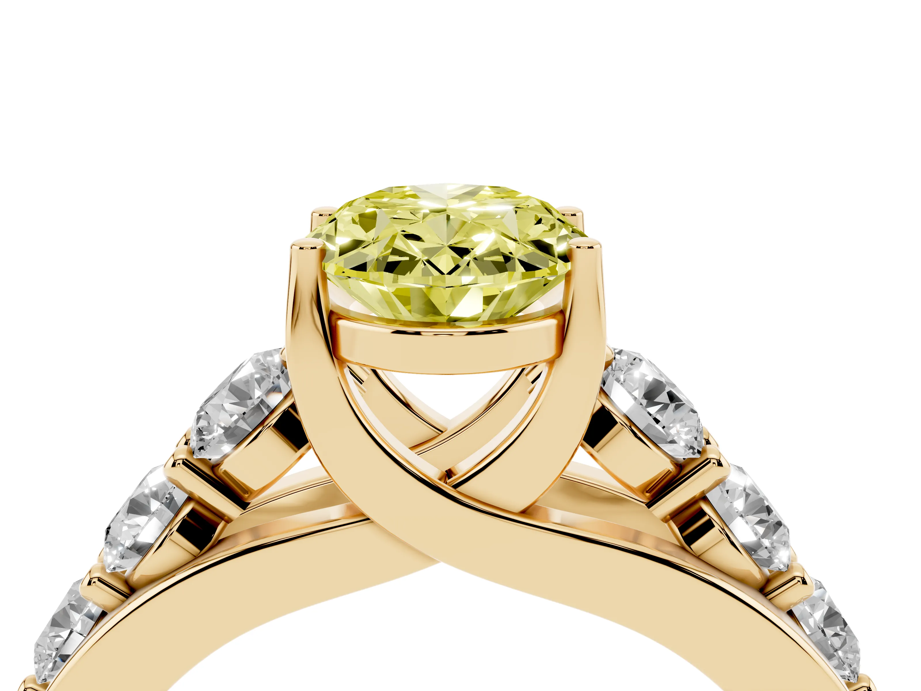 Fancy Yellow Oval Cut Diamond Pavé Engagement Ring Set in Yellow gold with Prong Setting