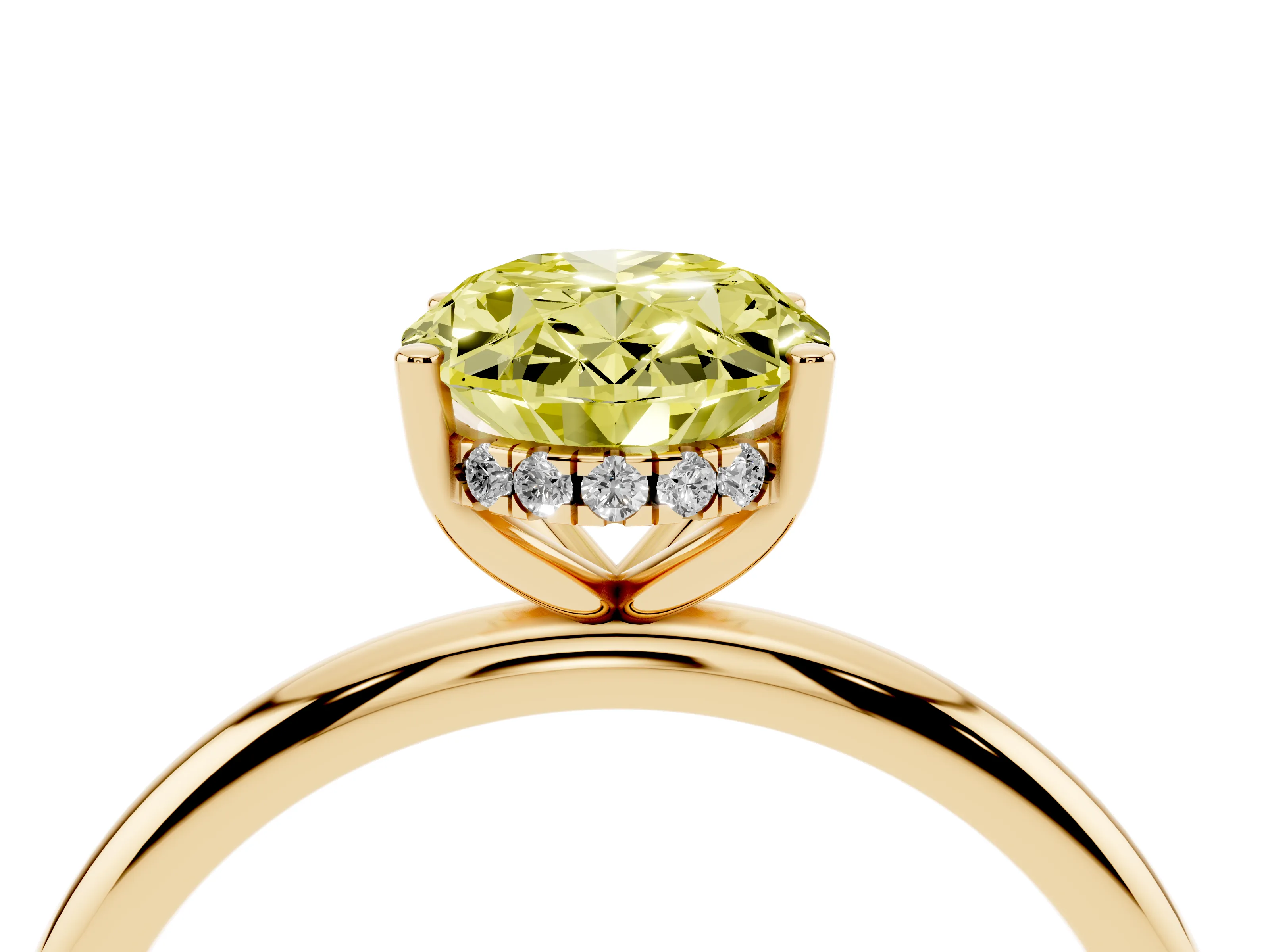 Fancy Yellow Oval Cut Diamond Solitaire Engagement Ring Set in Yellow gold with Prong Setting and Polished Band