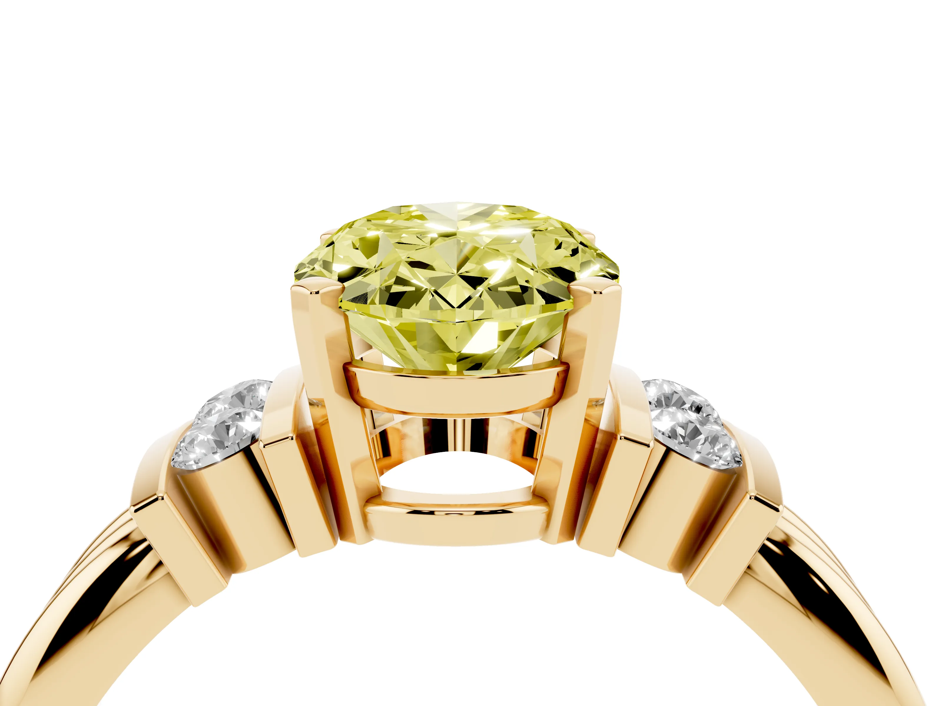 Fancy Yellow Three-Stone Oval Cut Diamond Channel Set Ring Set in Yellow gold with Bar Prongs