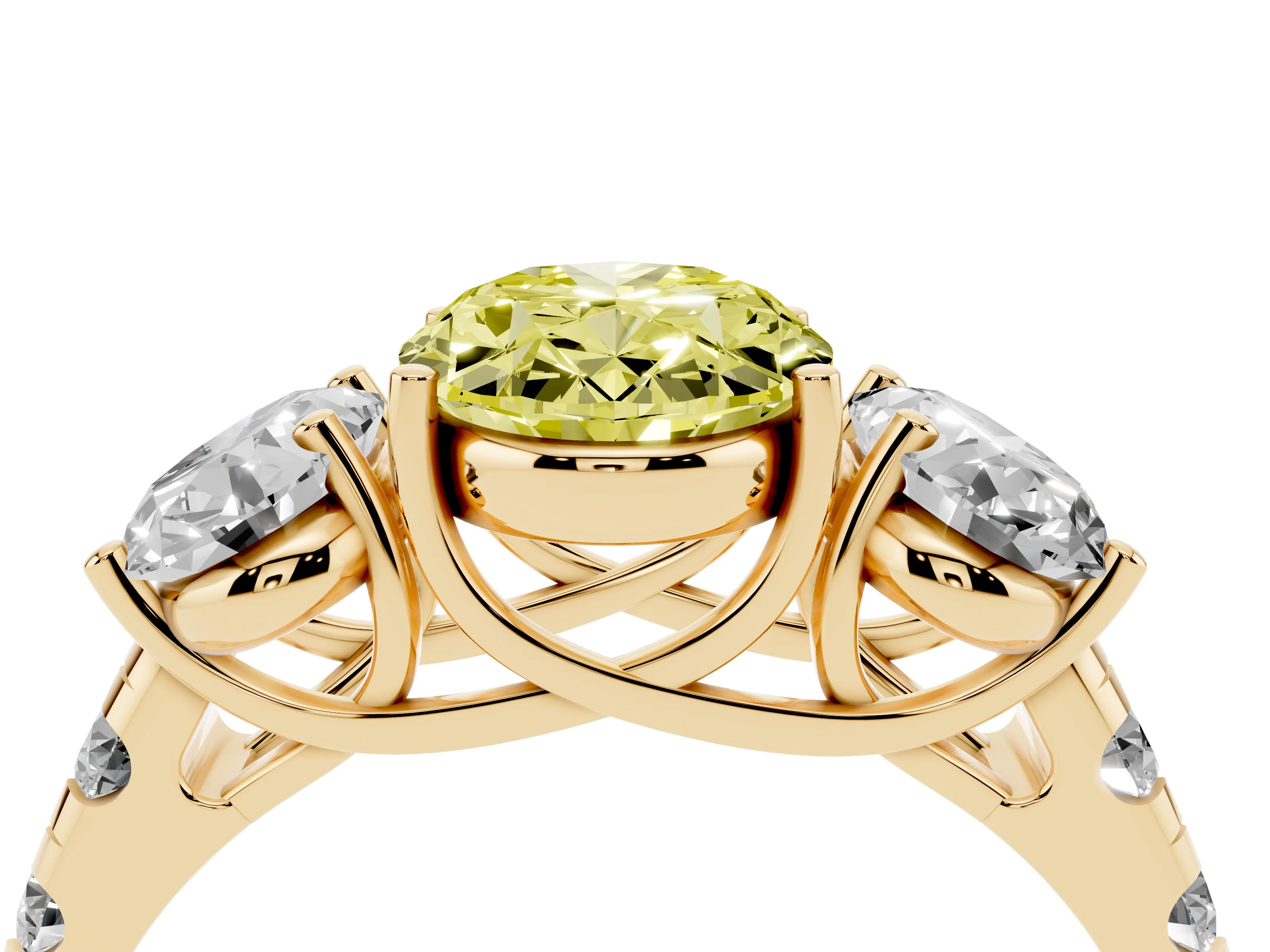 Fancy Yellow Oval Cut Diamond Three-Stone Ring Set in Yellow gold with Pavé Band