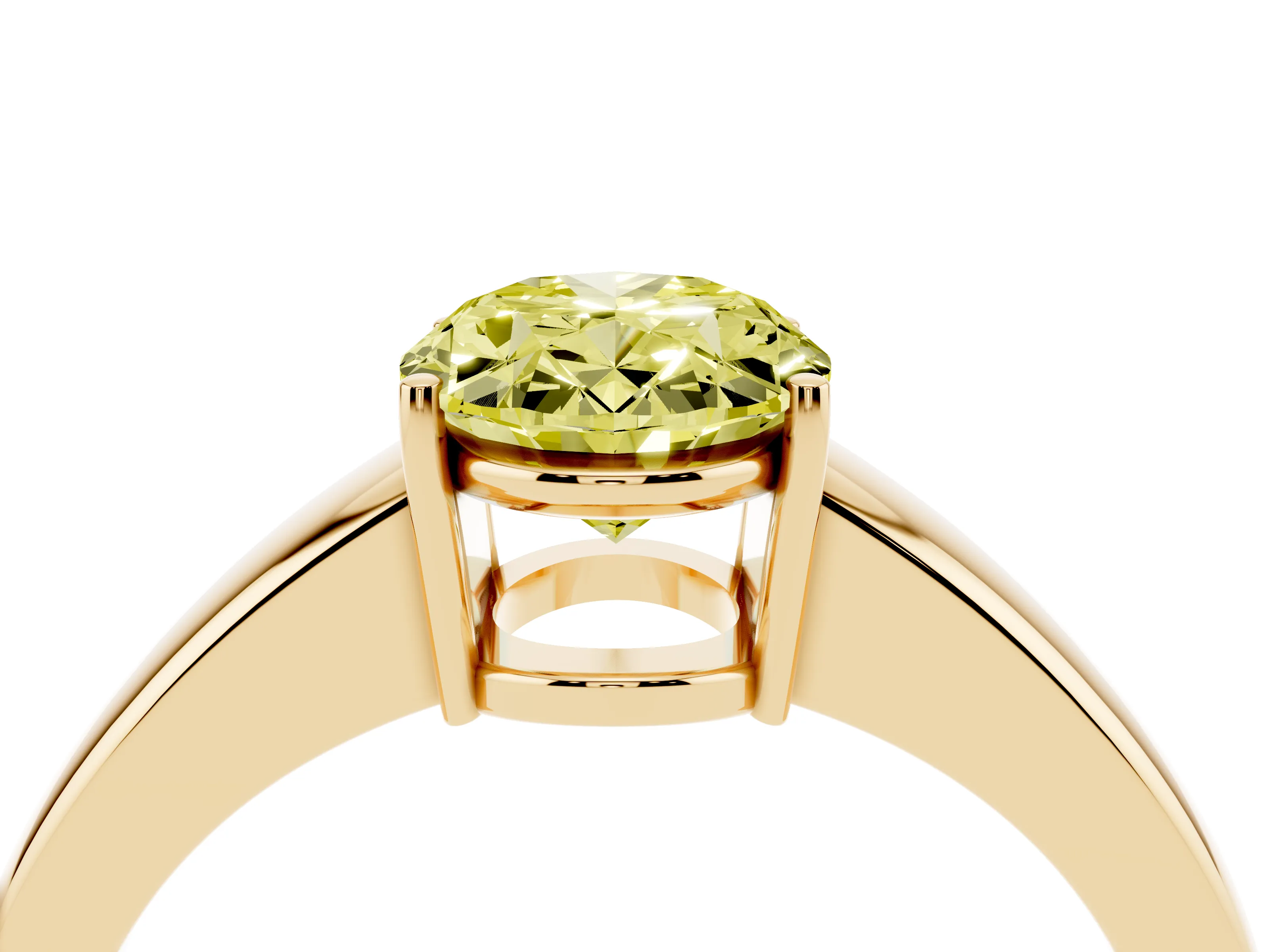 Fancy Yellow Oval Cut Diamond Solitaire Ring Set in Yellow gold with Tapered Band and Prong Setting