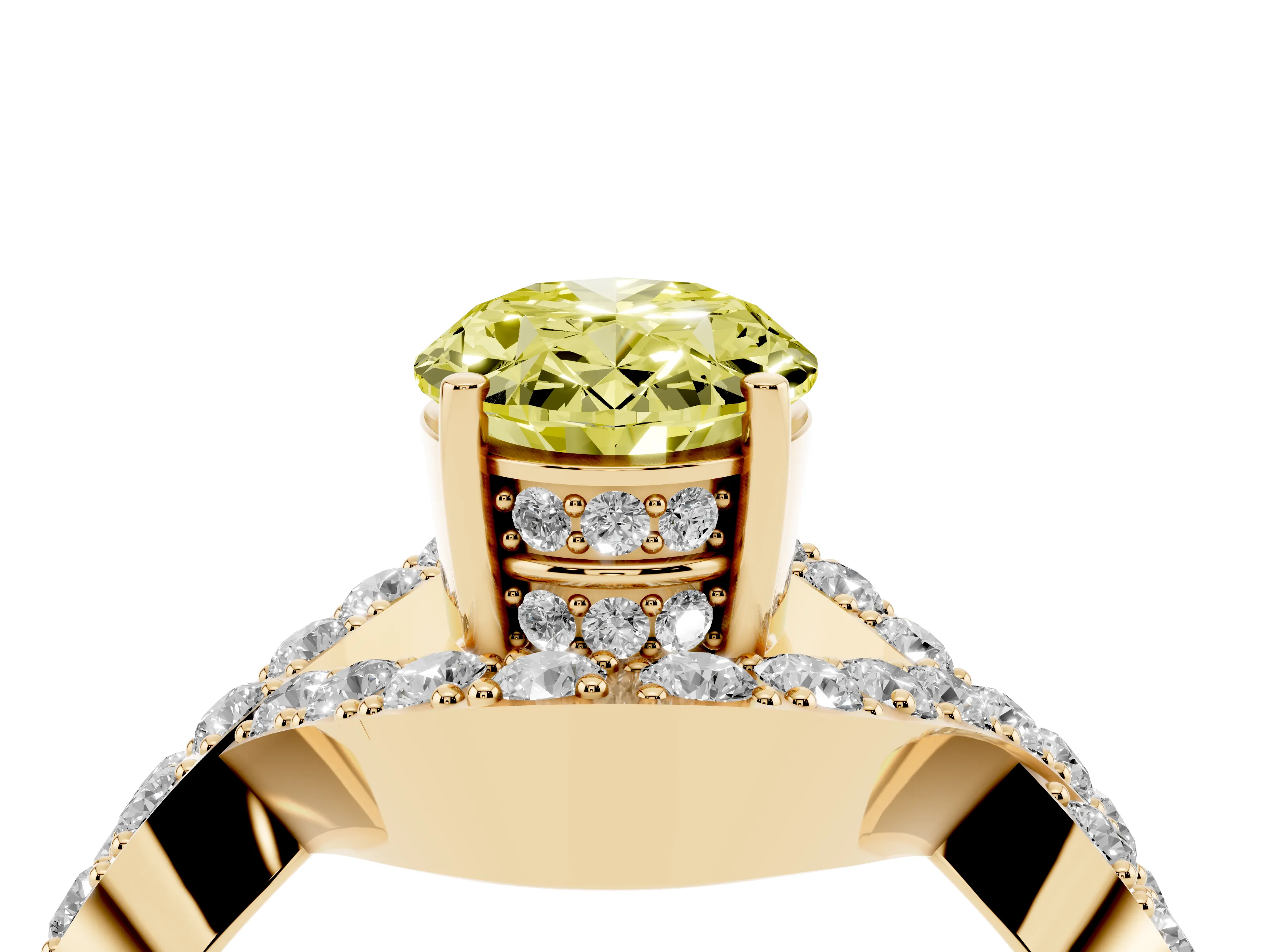 Fancy Yellow Oval Cut Diamond Solitaire Twist Band Pavé Engagement Ring Set in Yellow gold
