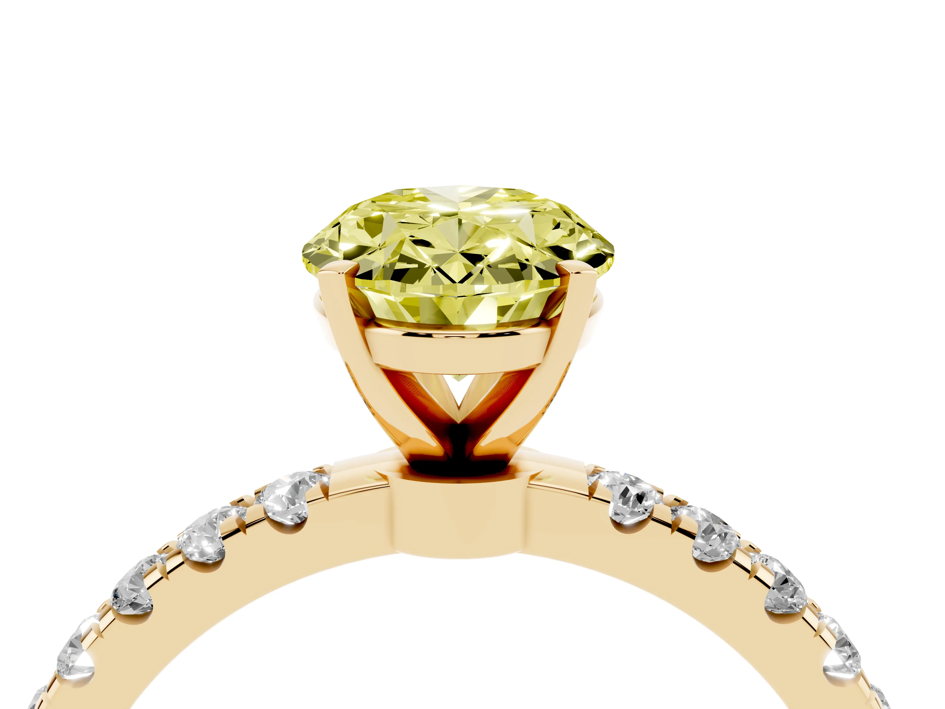 Fancy Yellow Oval Cut Diamond Solitaire Ring Set in Yellow gold with Pavé Accents and Prong Setting
