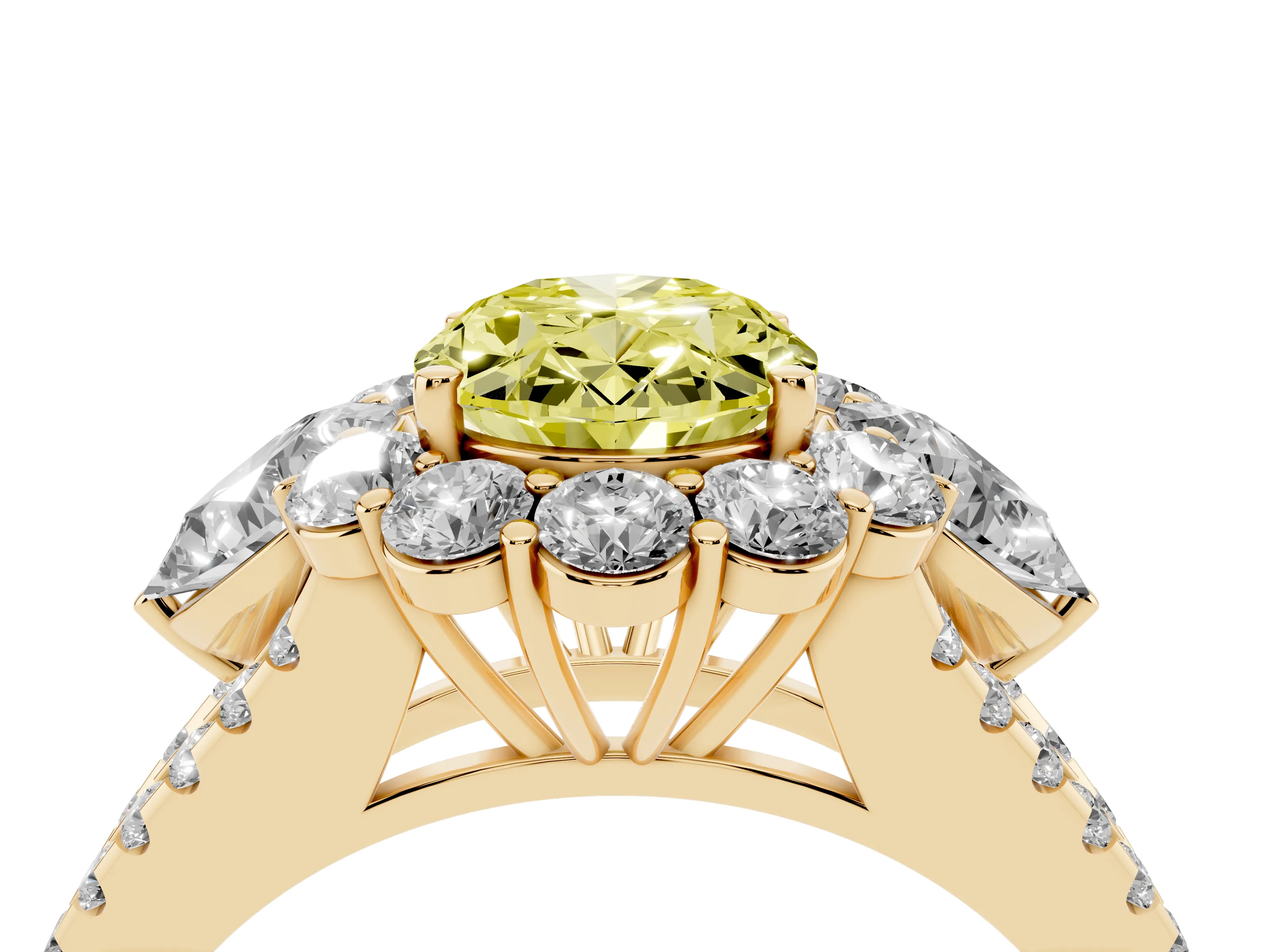 Fancy Yellow Oval Cut Diamond Halo Split Shank Engagement Ring Set in Yellow gold with Prong-Held Center Stone