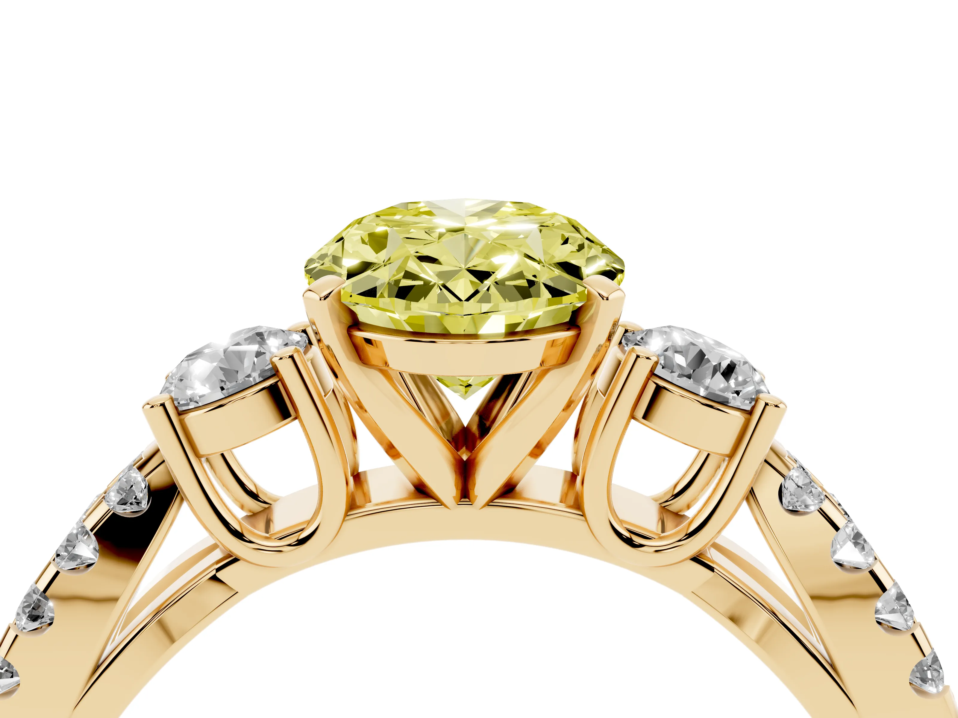 Fancy Yellow Oval Cut Diamond Three-Stone Ring Set in Yellow gold with Pavé Split Shank and Prong Setting