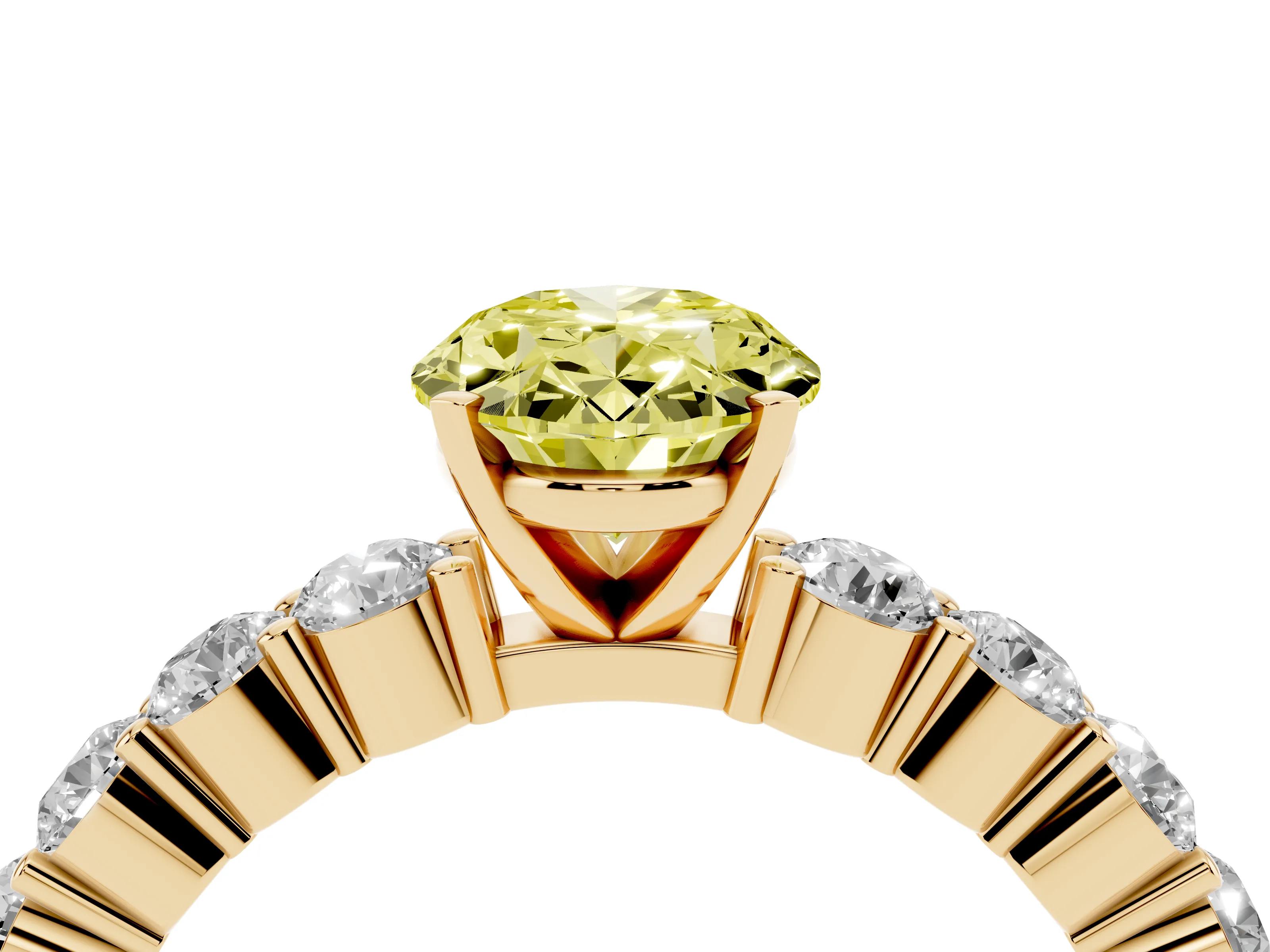 Fancy Yellow Oval Cut Diamond Solitaire Ring Set in Yellow gold with Shared Prong Round Side Stones