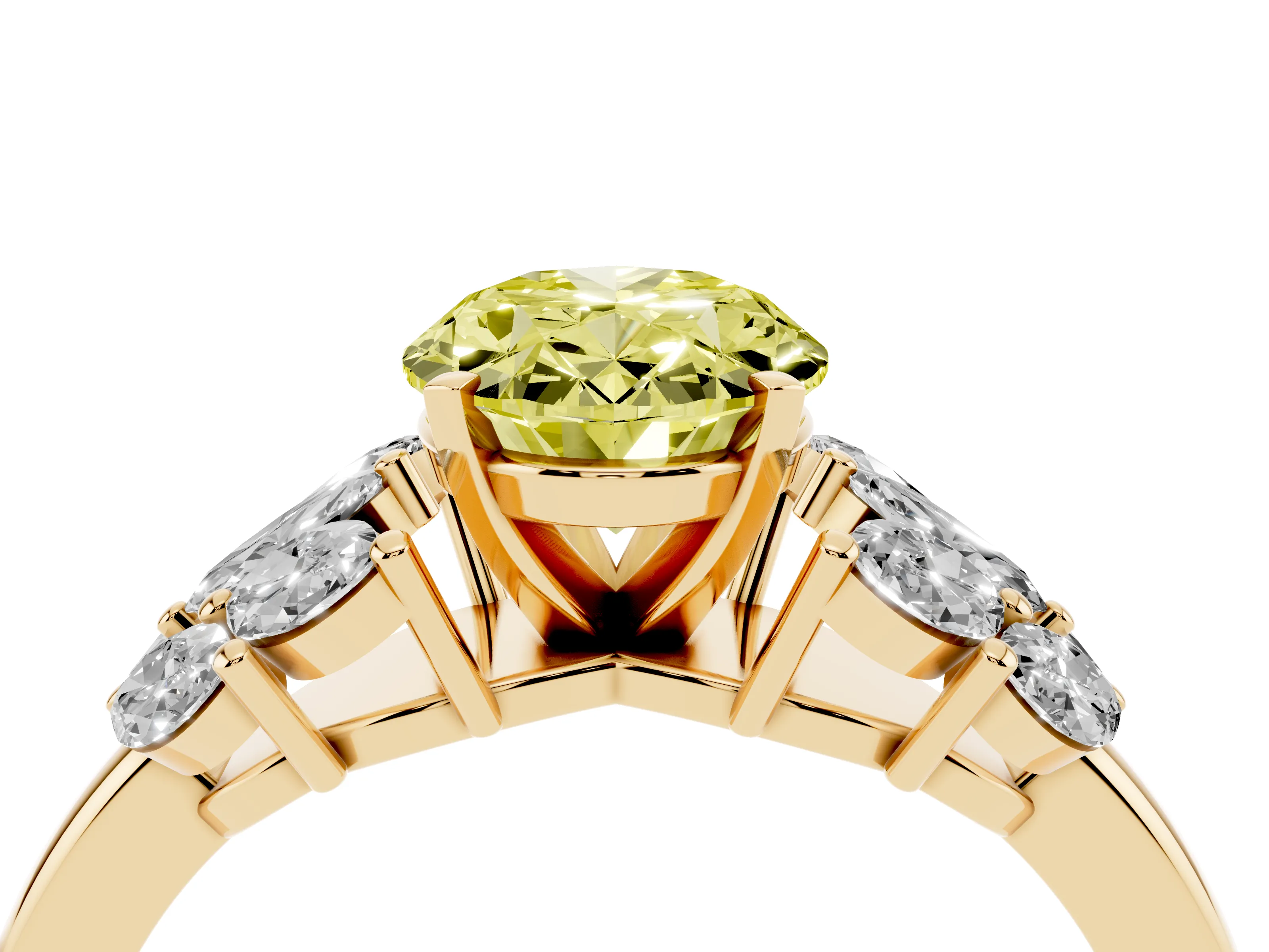 Fancy Yellow Oval Cut Diamond Cluster Leaf Design Ring Set in Yellow gold with Prong Setting