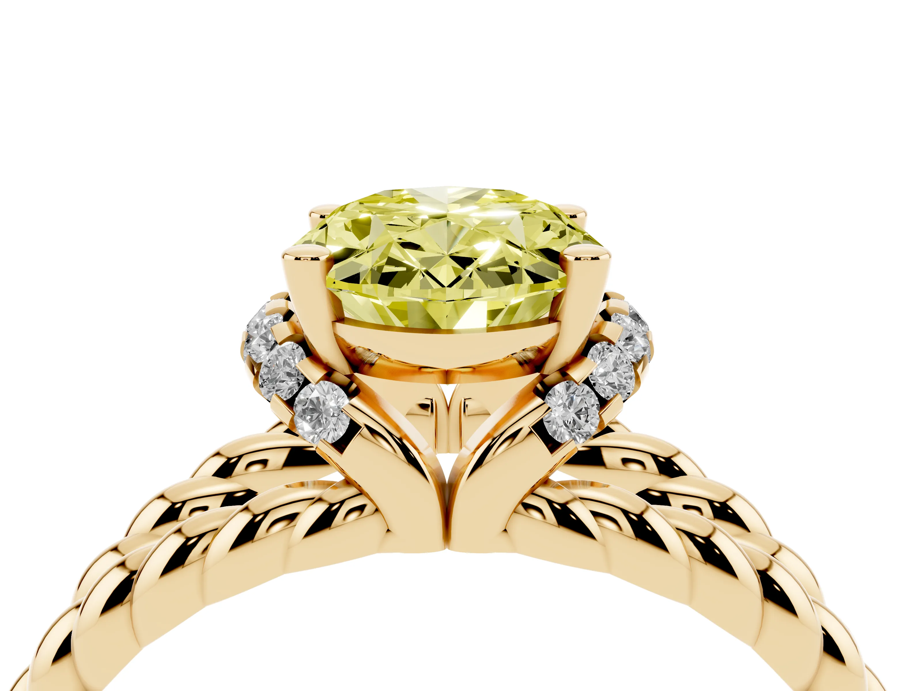 Fancy Yellow Oval Cut Diamond Halo Ring Set in Yellow gold with Twisted Band and Prong Setting