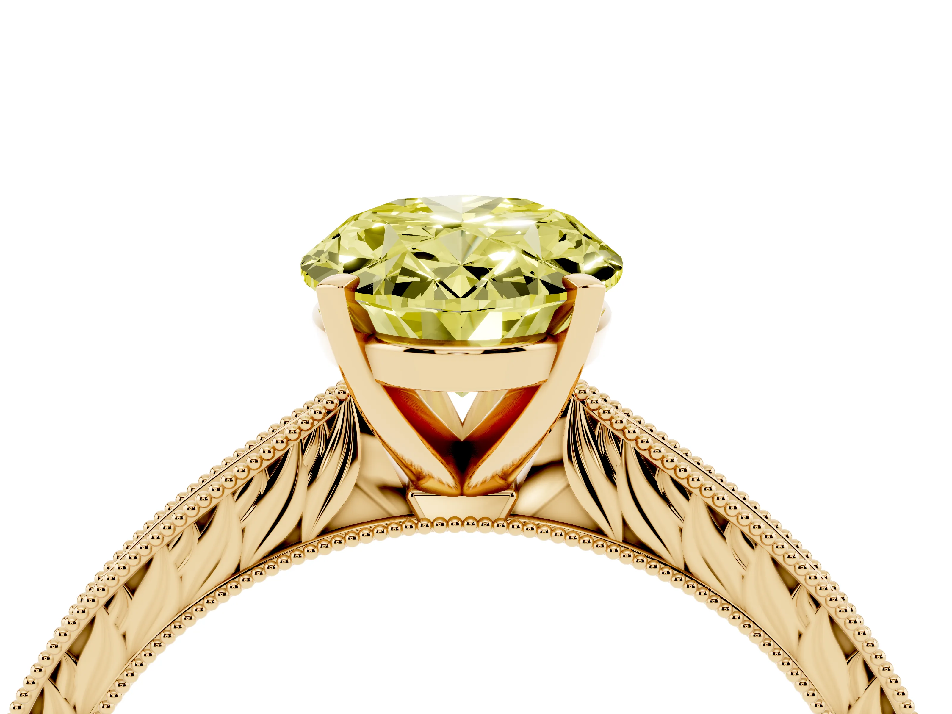 Fancy Yellow Oval Cut Diamond Solitaire Milgrain Engraved Band Set in Yellow gold with Prong Setting