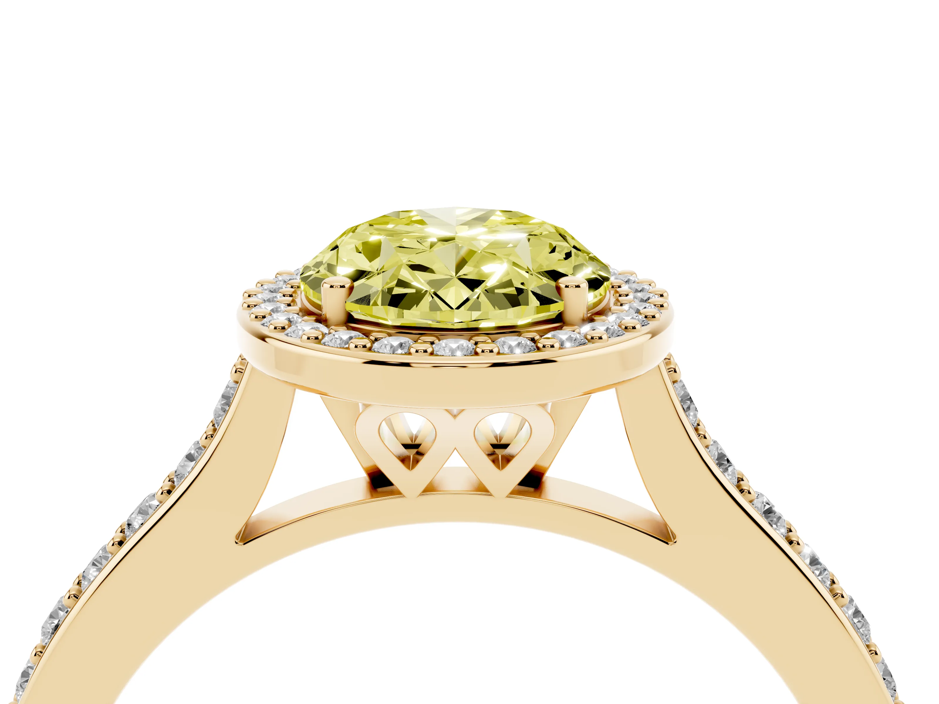 Fancy Yellow Oval Cut Diamond Halo Engagement Ring Set in Yellow gold with Round Pavé Shoulders and Heart Gallery