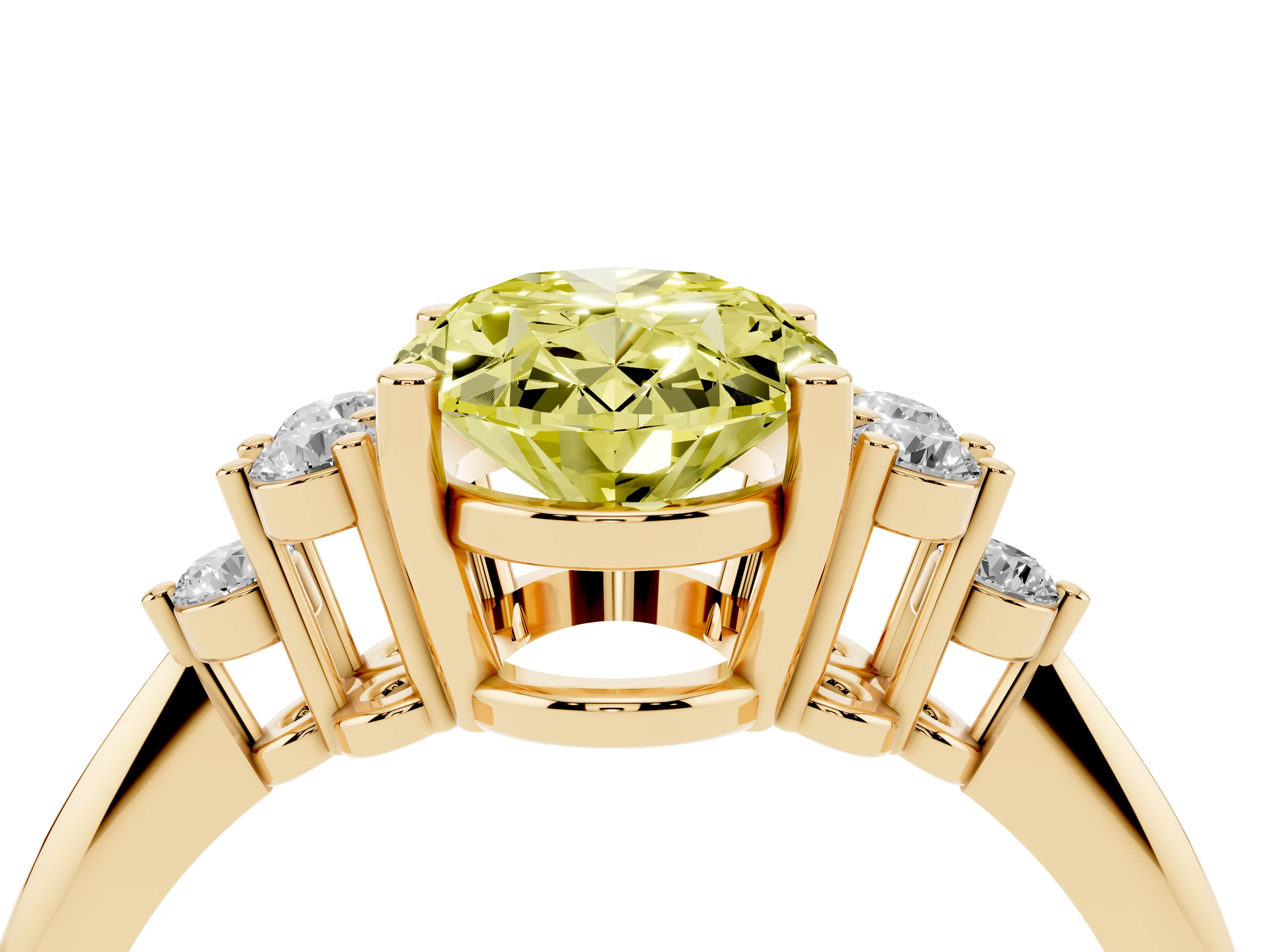 Fancy Yellow Oval Cut Diamond Cluster Ring Set in Yellow gold with Plain Band and Prong Setting
