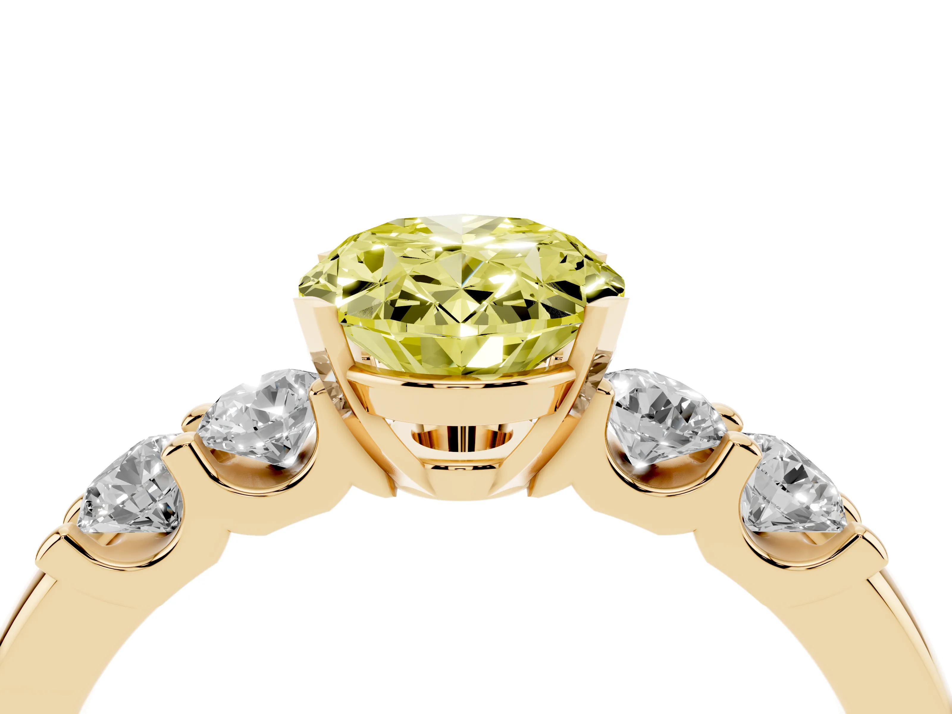 Fancy Yellow Oval Cut Diamond Five-Stone Prong Set Engagement Ring Set in Yellow gold with Channel Band