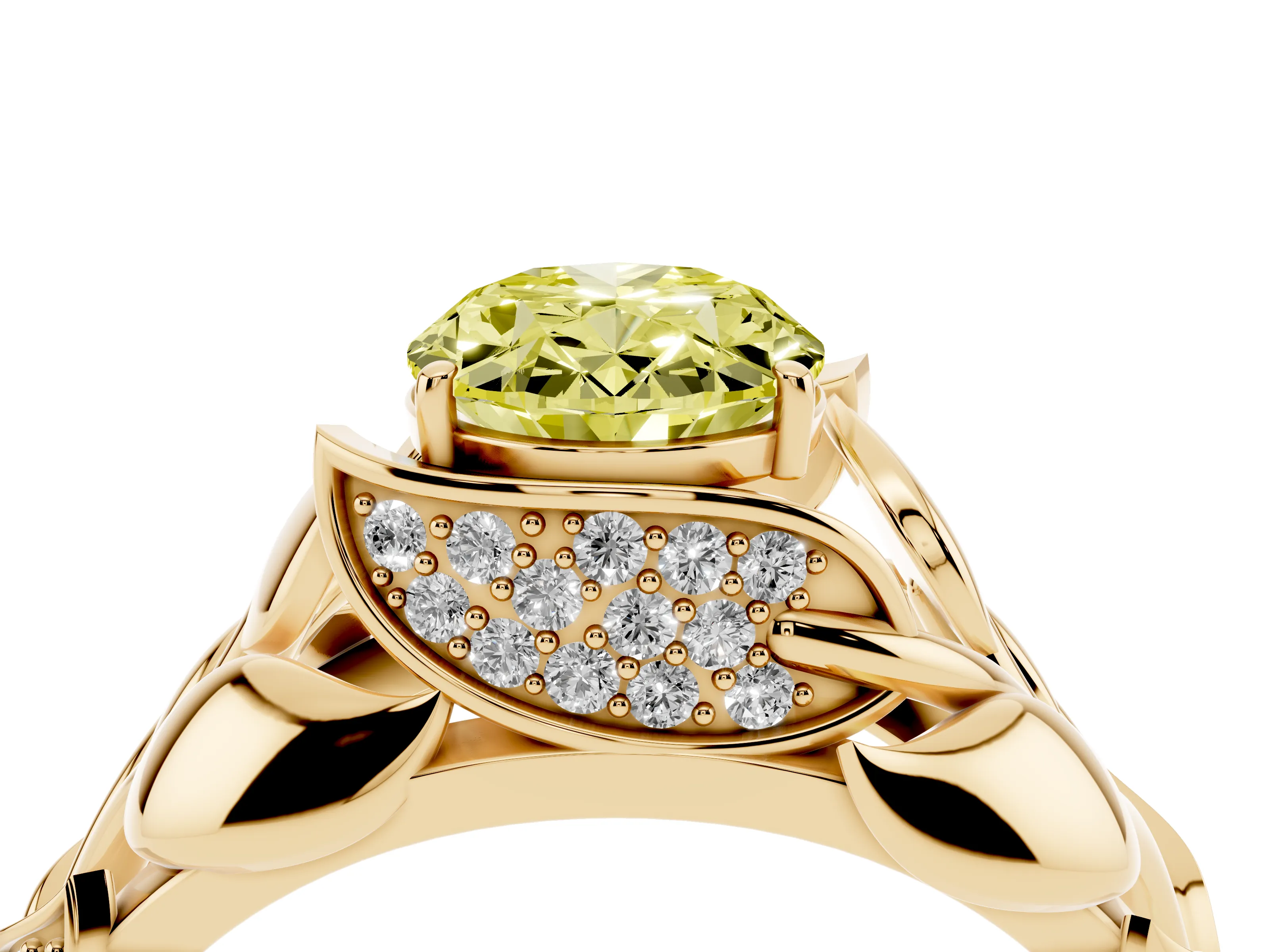 Fancy Yellow Oval Cut Diamond Leaf-Inspired Engagement Ring Set in Yellow gold with Round Accents