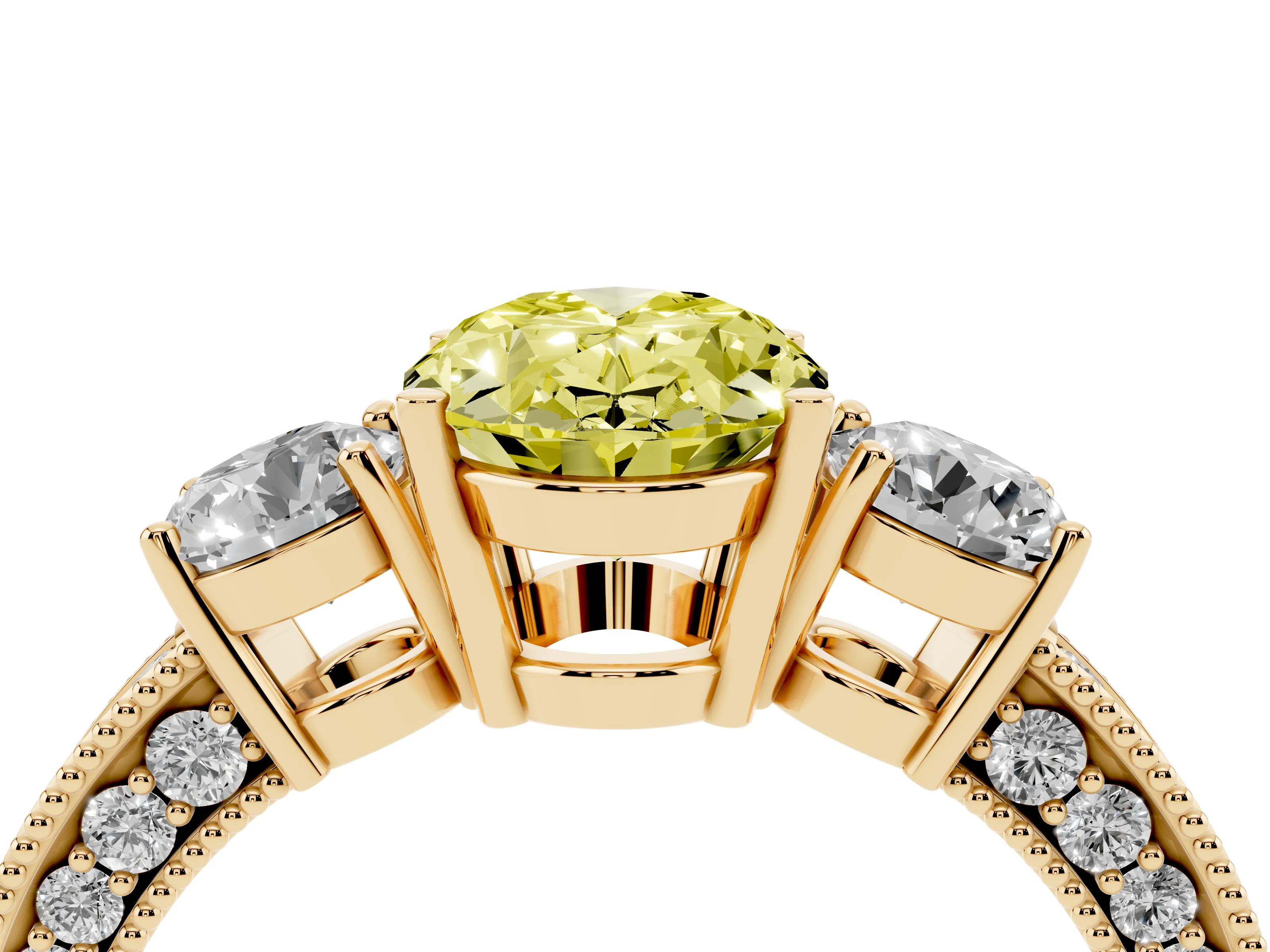 Fancy Yellow Oval Cut Diamond Three-Stone Ring Set in Yellow gold with Round Side Stones and Pavé Band