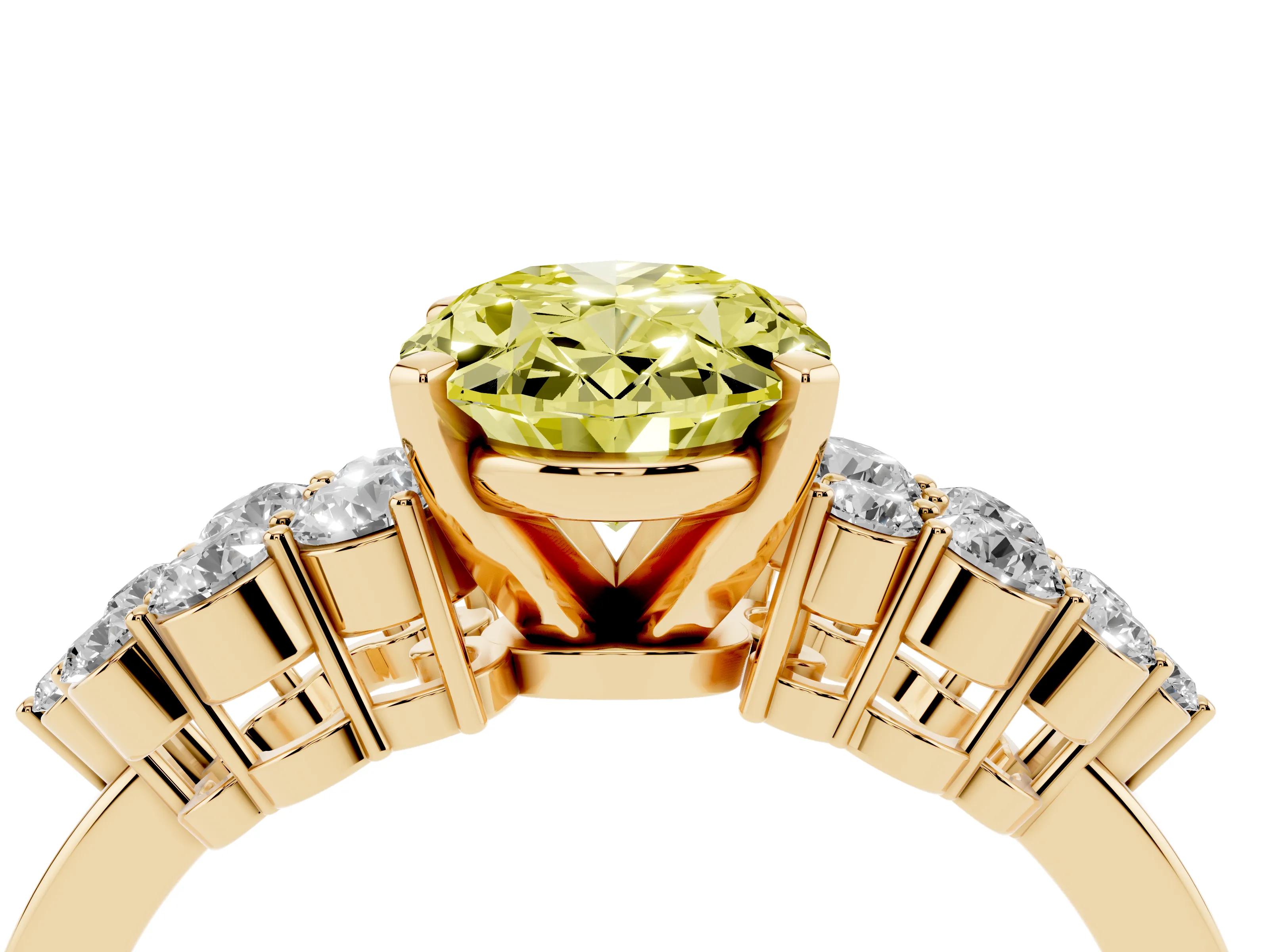 Fancy Yellow Oval Cut Diamond Cluster Engagement Ring Set in Yellow gold with Pavé Band and Prong Setting