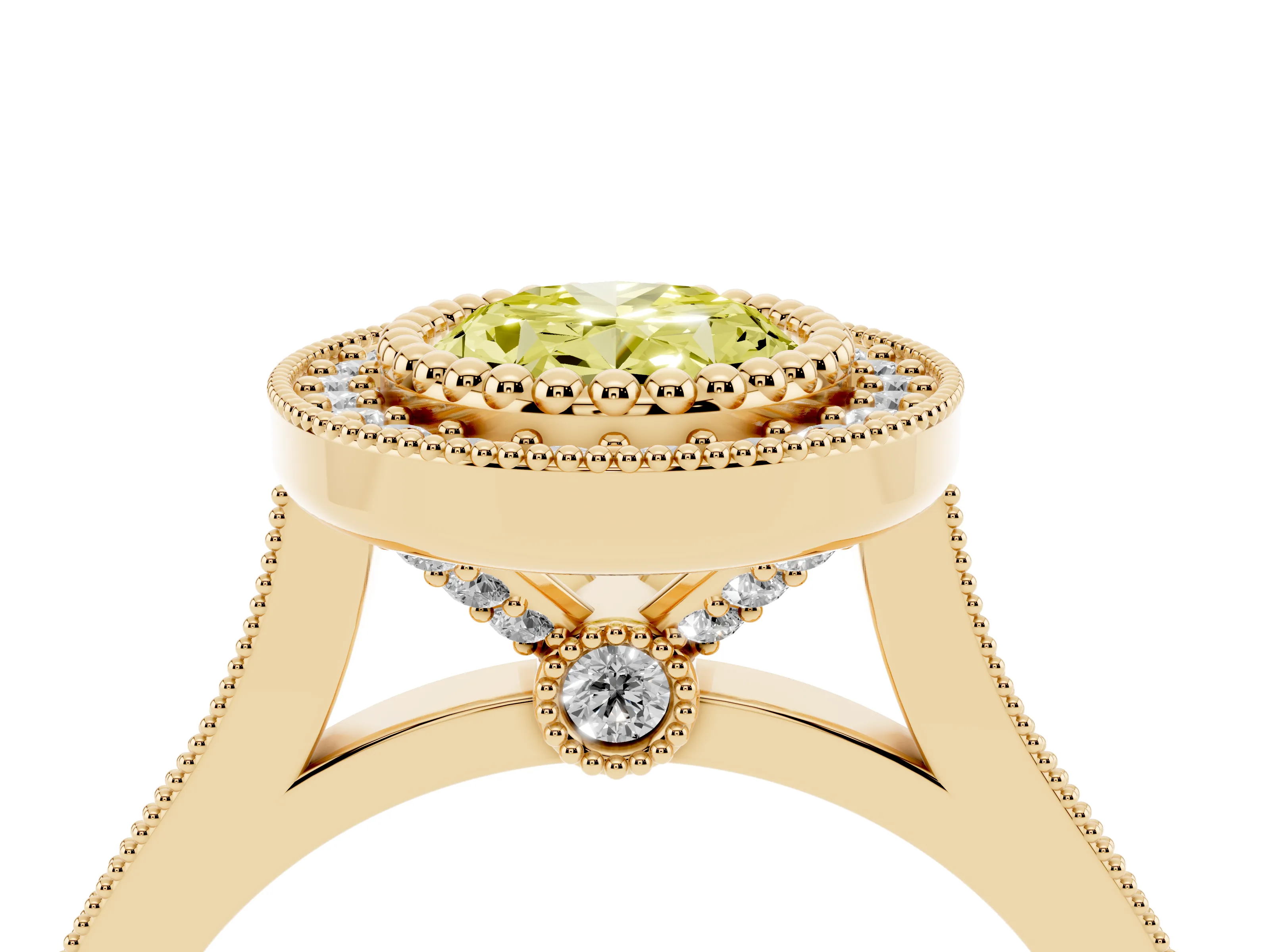 Fancy Yellow Oval Cut Diamond Halo Ring Set in Yellow gold with Milgrain Frame and Pavé Band