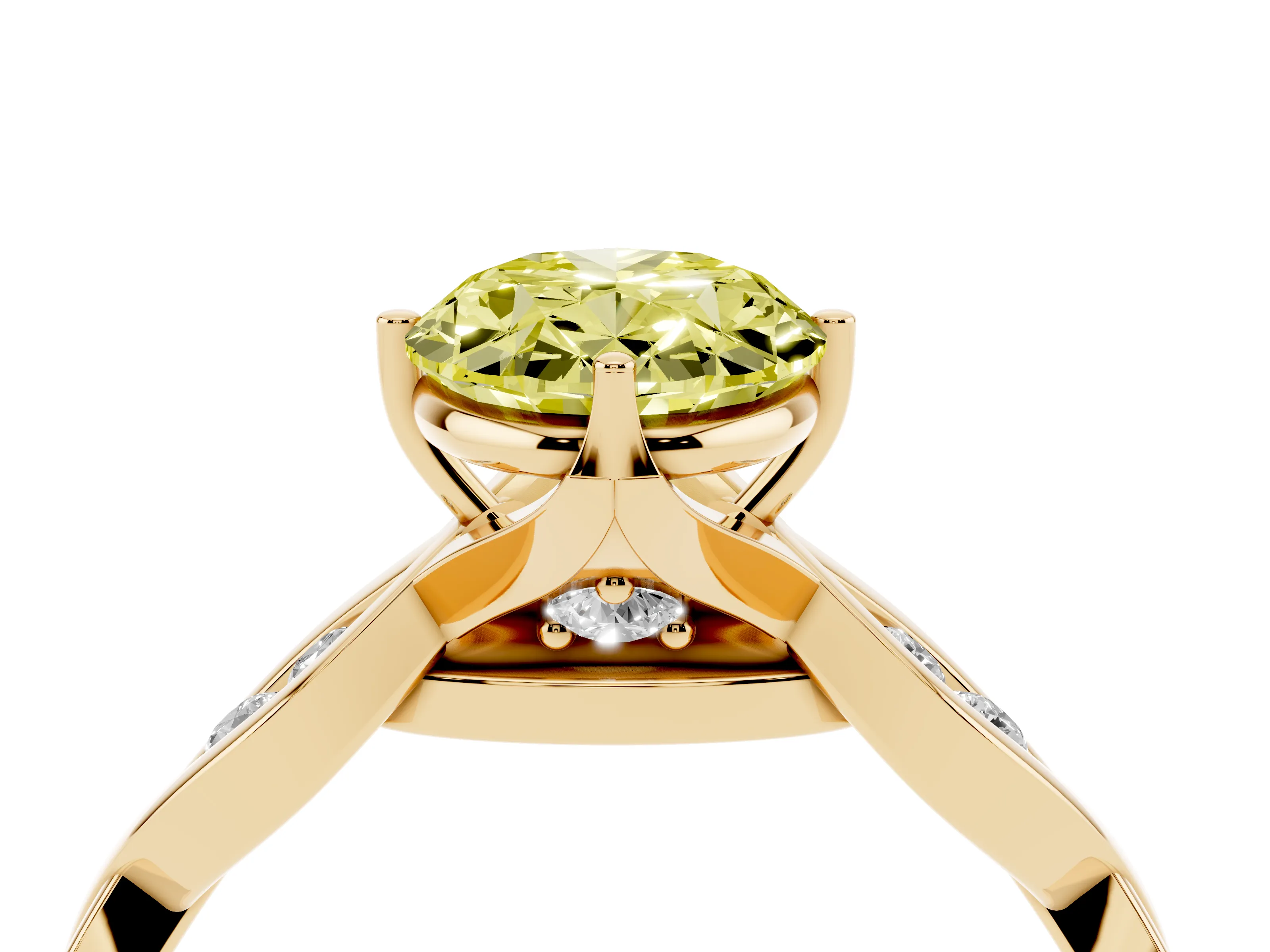 Fancy Yellow Oval Cut Diamond Twist Band Solitaire Ring Set in Yellow gold with Leaf Prong Setting and Accent Stones