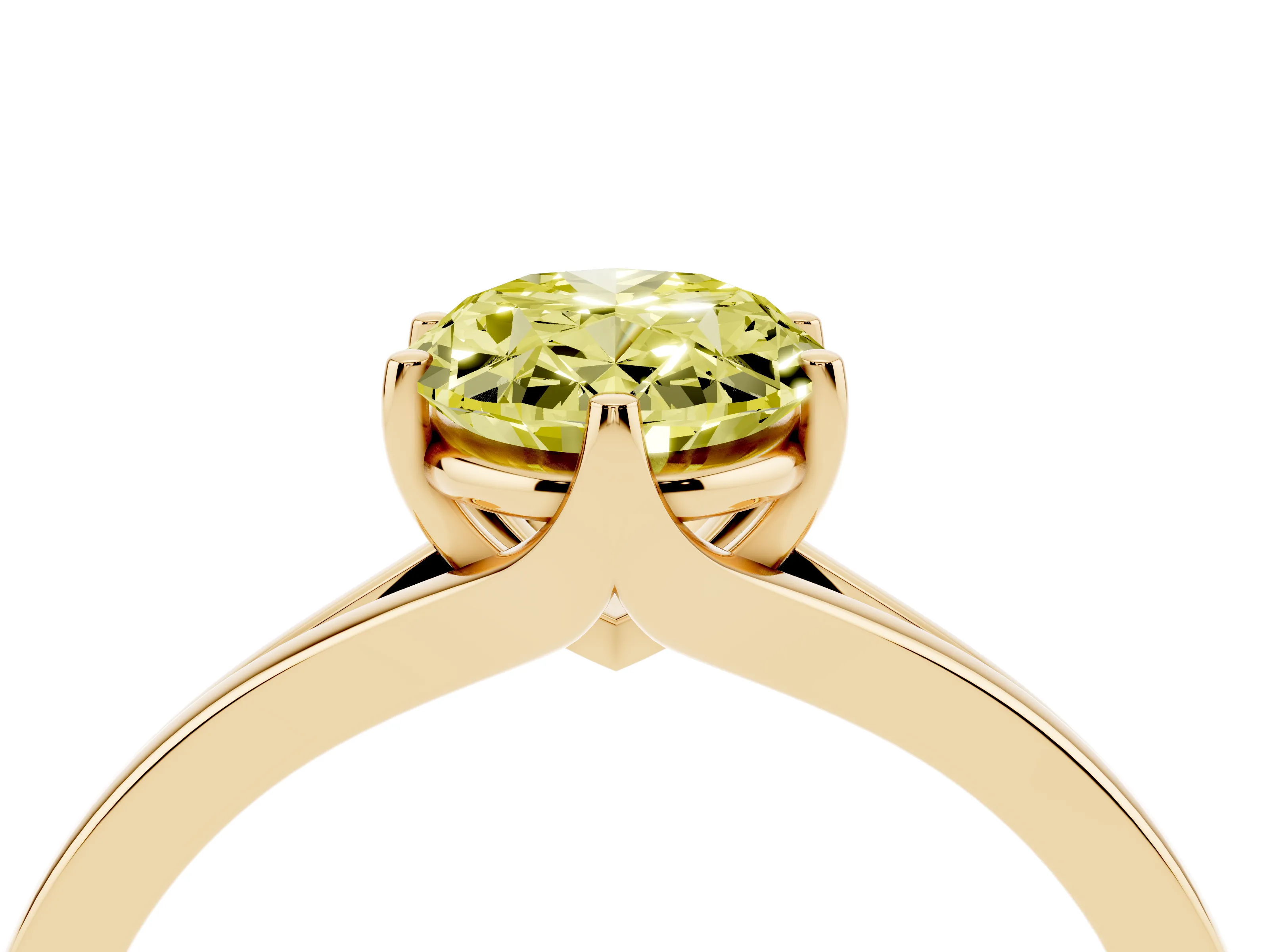 Fancy Yellow Oval Cut Diamond Solitaire Ring Set in Yellow gold with Polished Tapered Band and Prong Setting