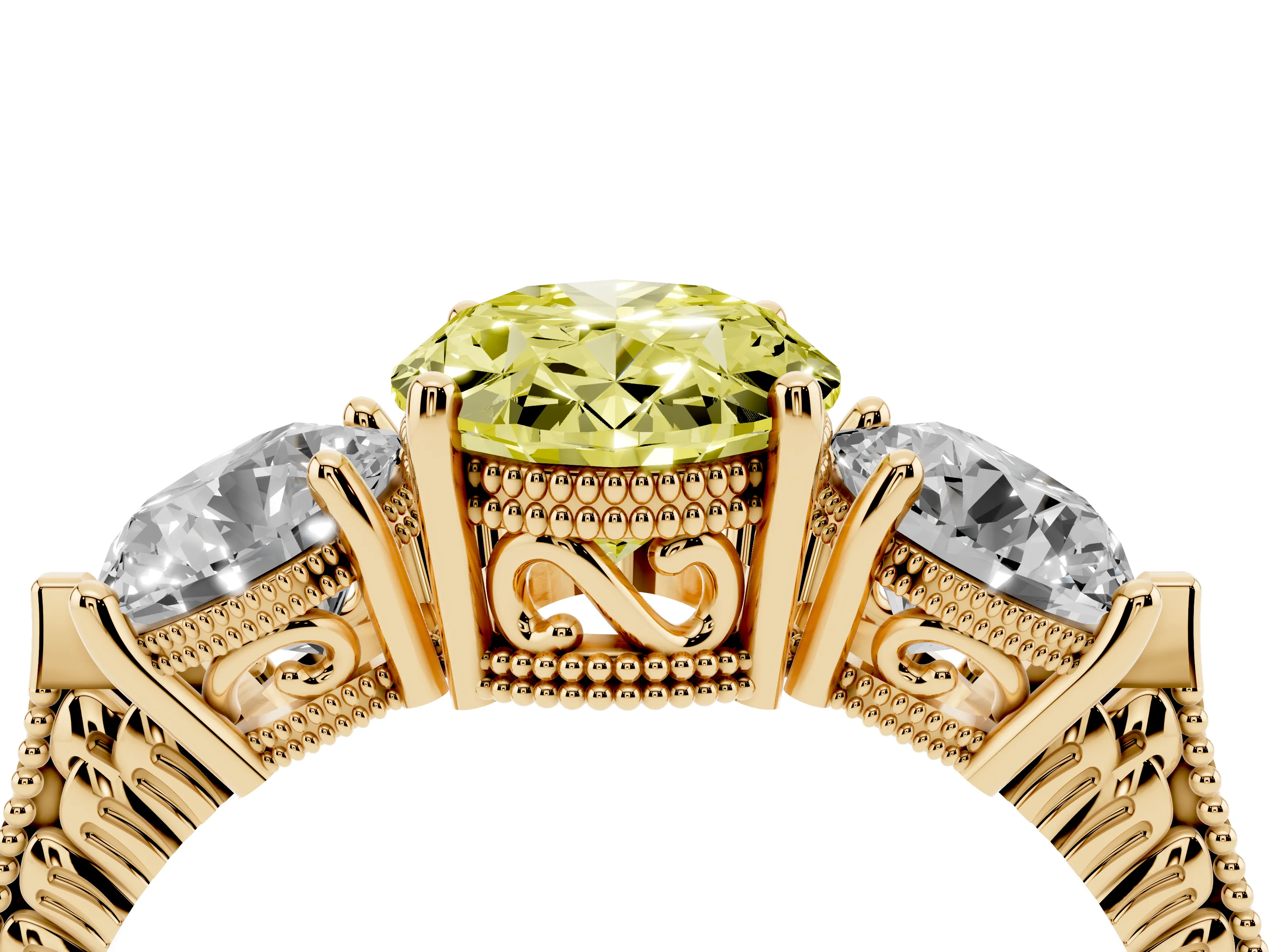 Fancy Yellow Oval Cut Diamond Three-Stone Ring Set in Yellow gold with Milgrain Band