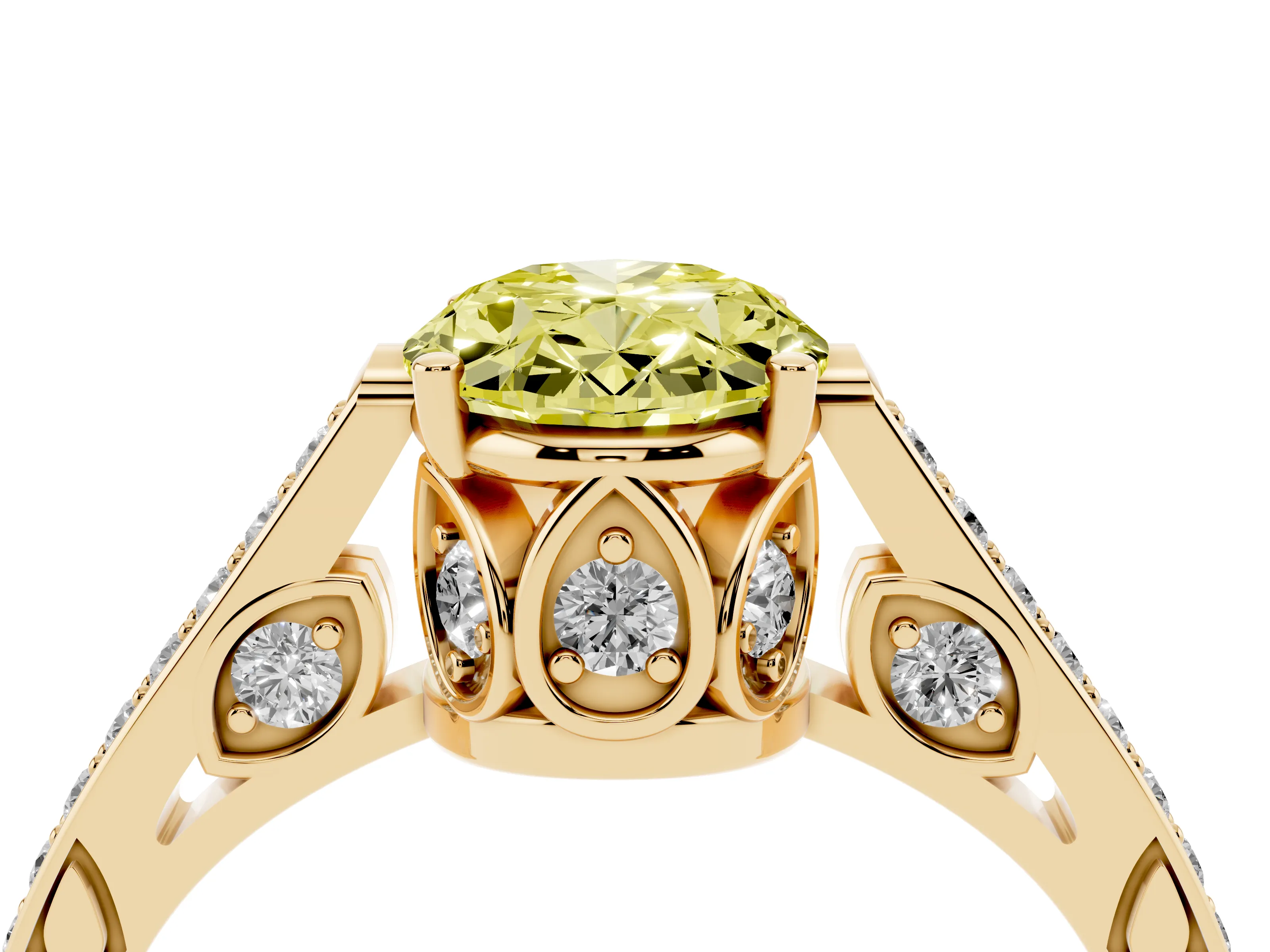 Fancy Yellow Oval Cut Diamond Cathedral Pavé Engagement Ring Set in Yellow gold with Prong Setting