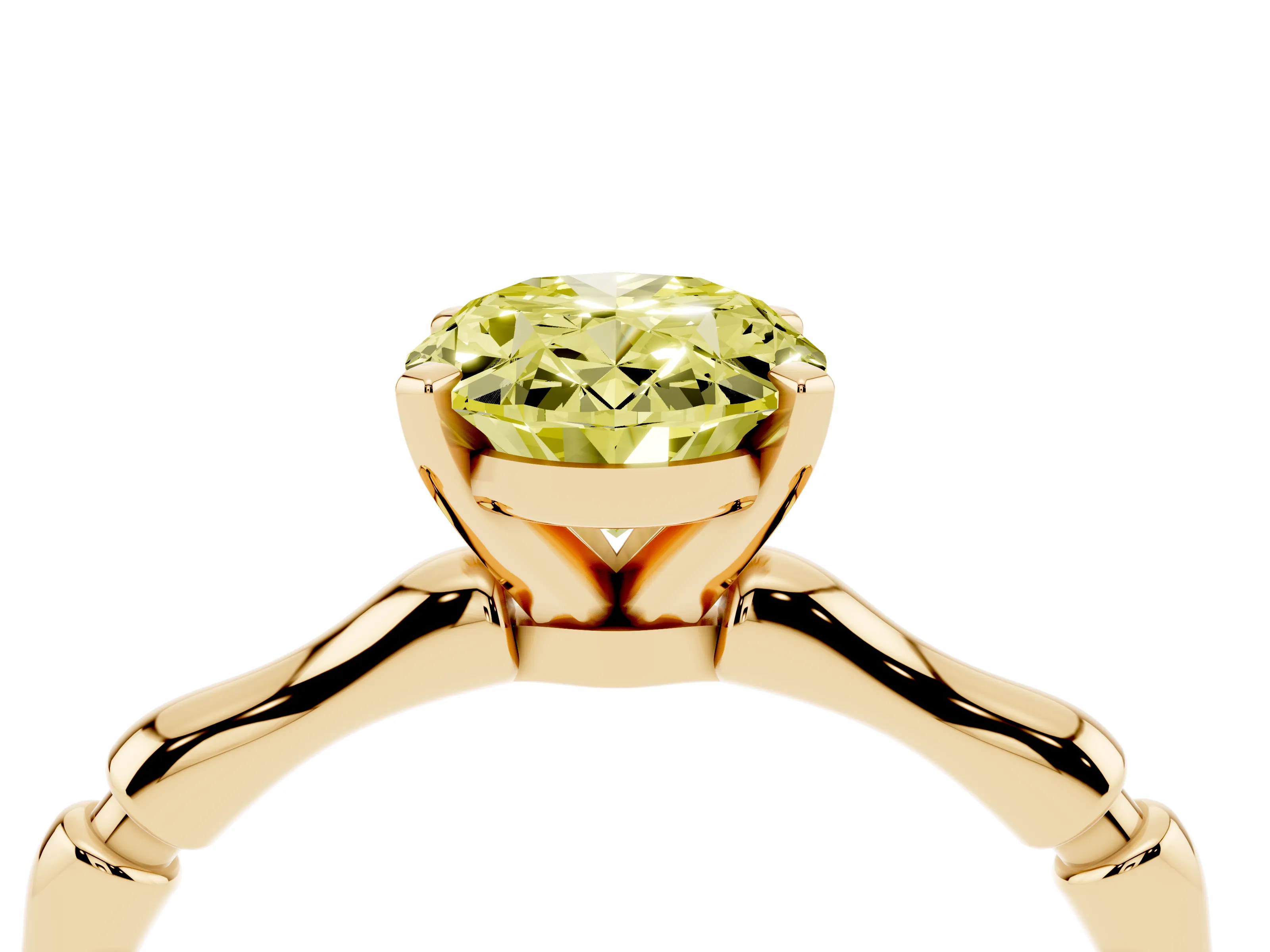 Fancy Yellow Oval Cut Diamond Solitaire Ring Set in Yellow gold with Bamboo Band and Prong Setting