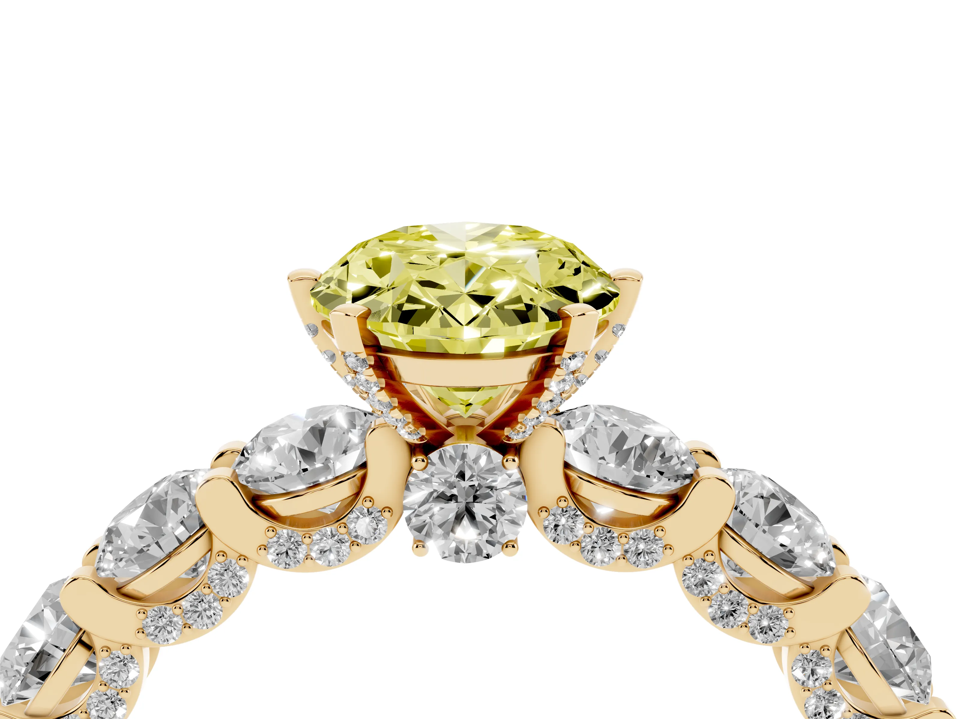 Fancy Yellow Oval Cut Diamond Side Stone Ring Set in Yellow gold with Alternating Round and Oval Side Stones