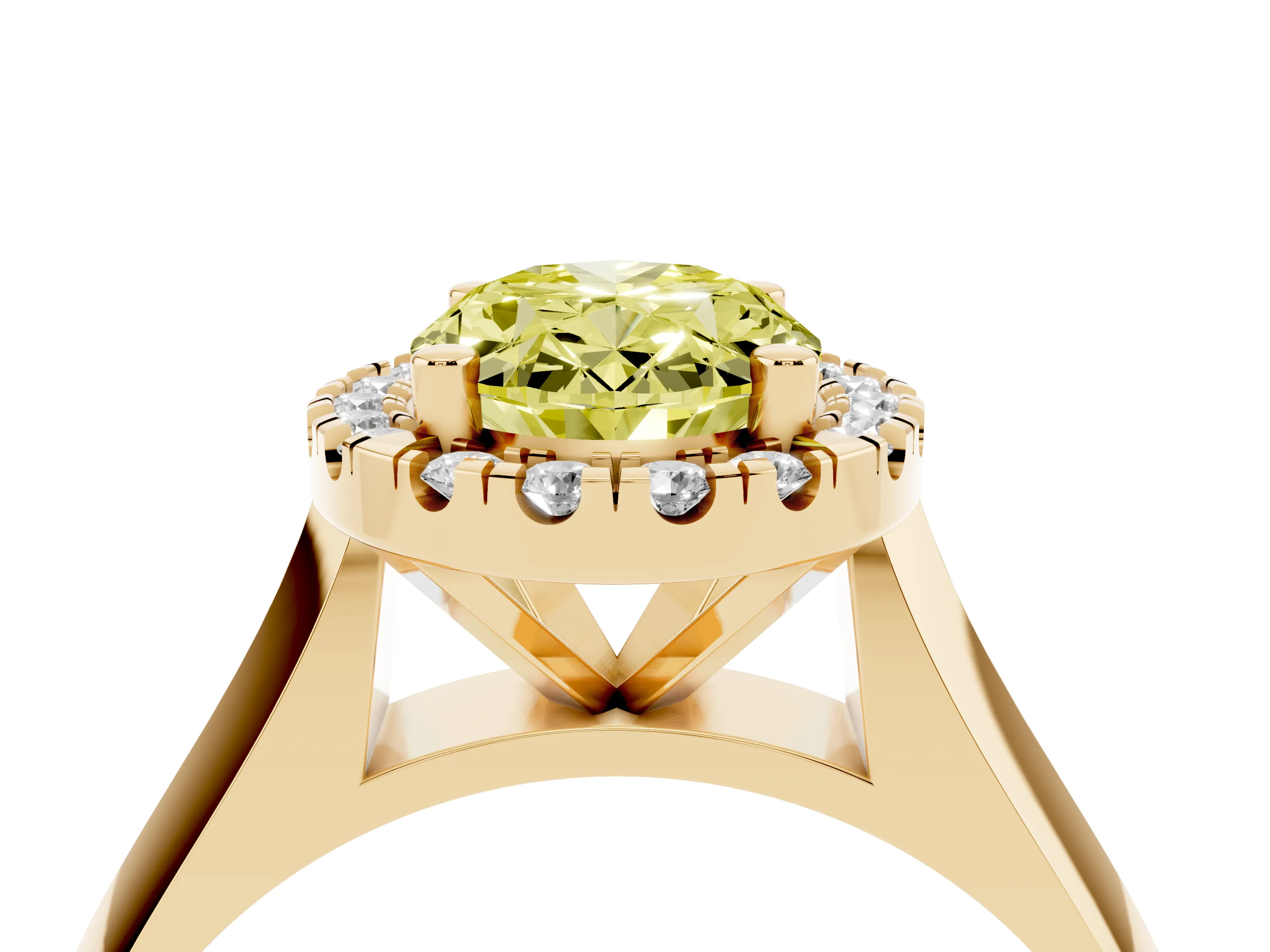 Fancy Yellow Oval Cut Diamond Halo Solitaire Engagement Ring Set in Yellow gold with Square Band and Prong Setting