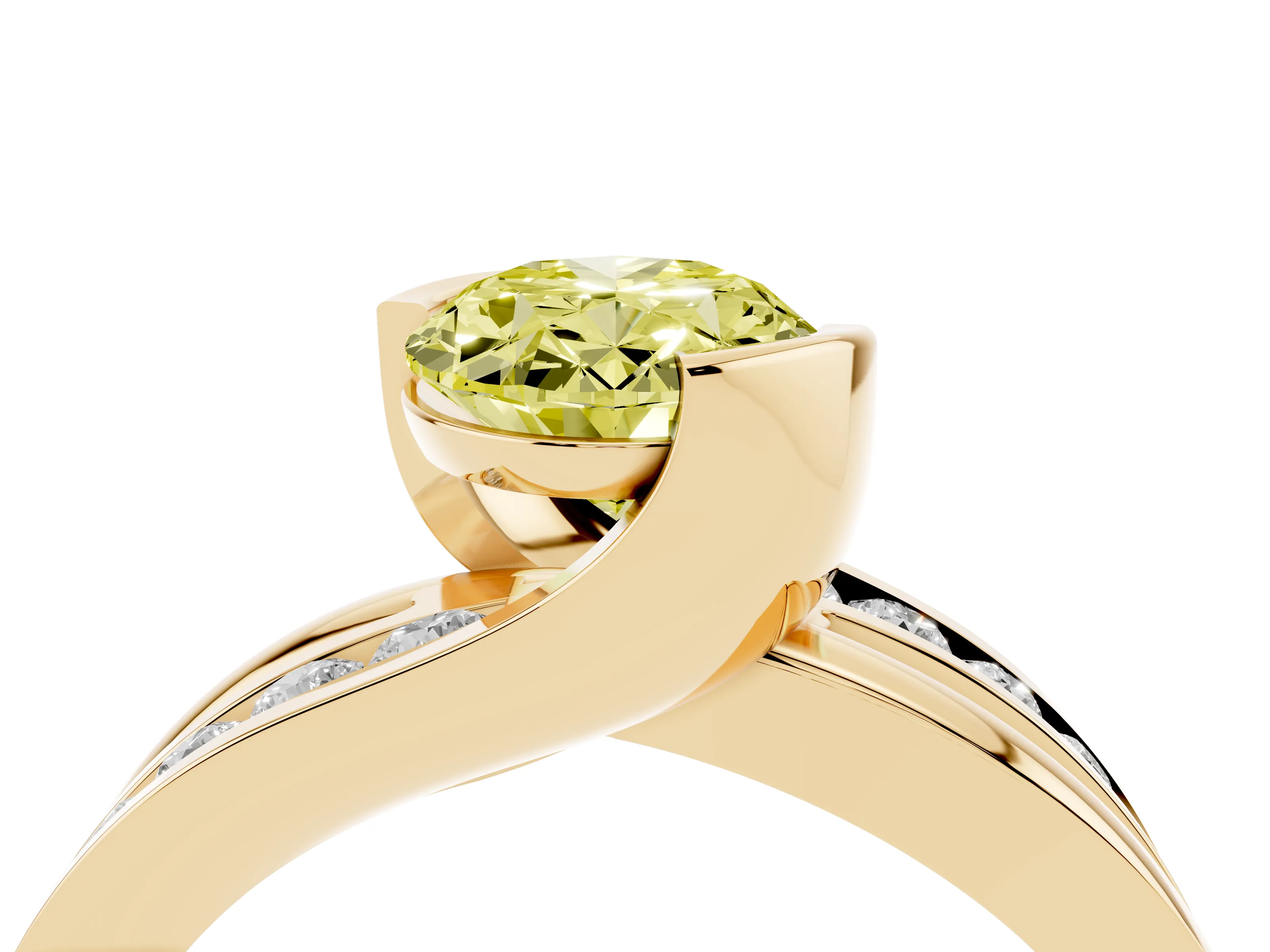 Fancy Yellow Oval Cut Diamond Solitaire Ring Set in Yellow gold with Channel Set Split Shank and Tension Prongs