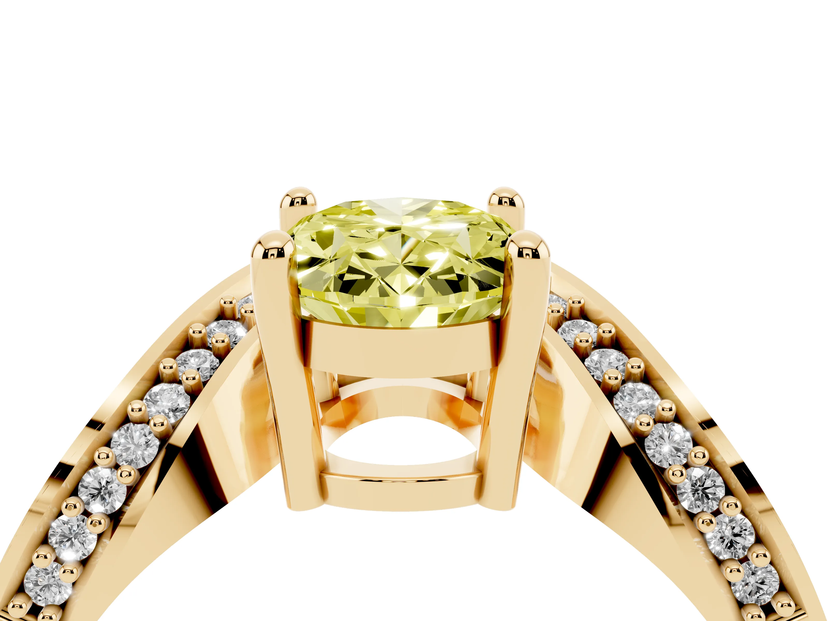 Fancy Yellow Oval Cut Diamond Solitaire Engagement Ring Set in Yellow gold with Pavé Shoulders