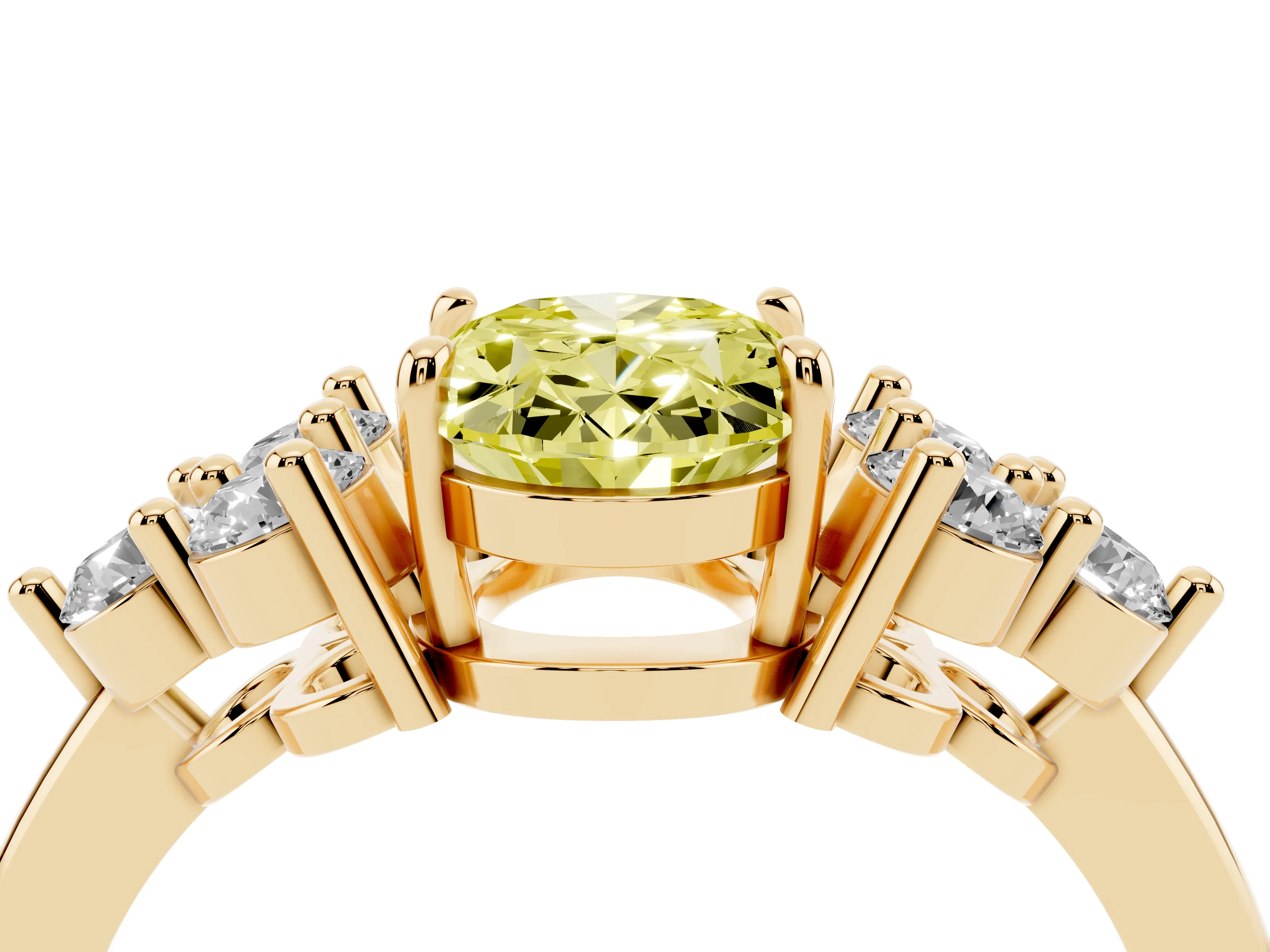 Fancy Yellow Oval Cut Diamond Solitaire Ring Set in Yellow gold with Cluster Accents on Each Side