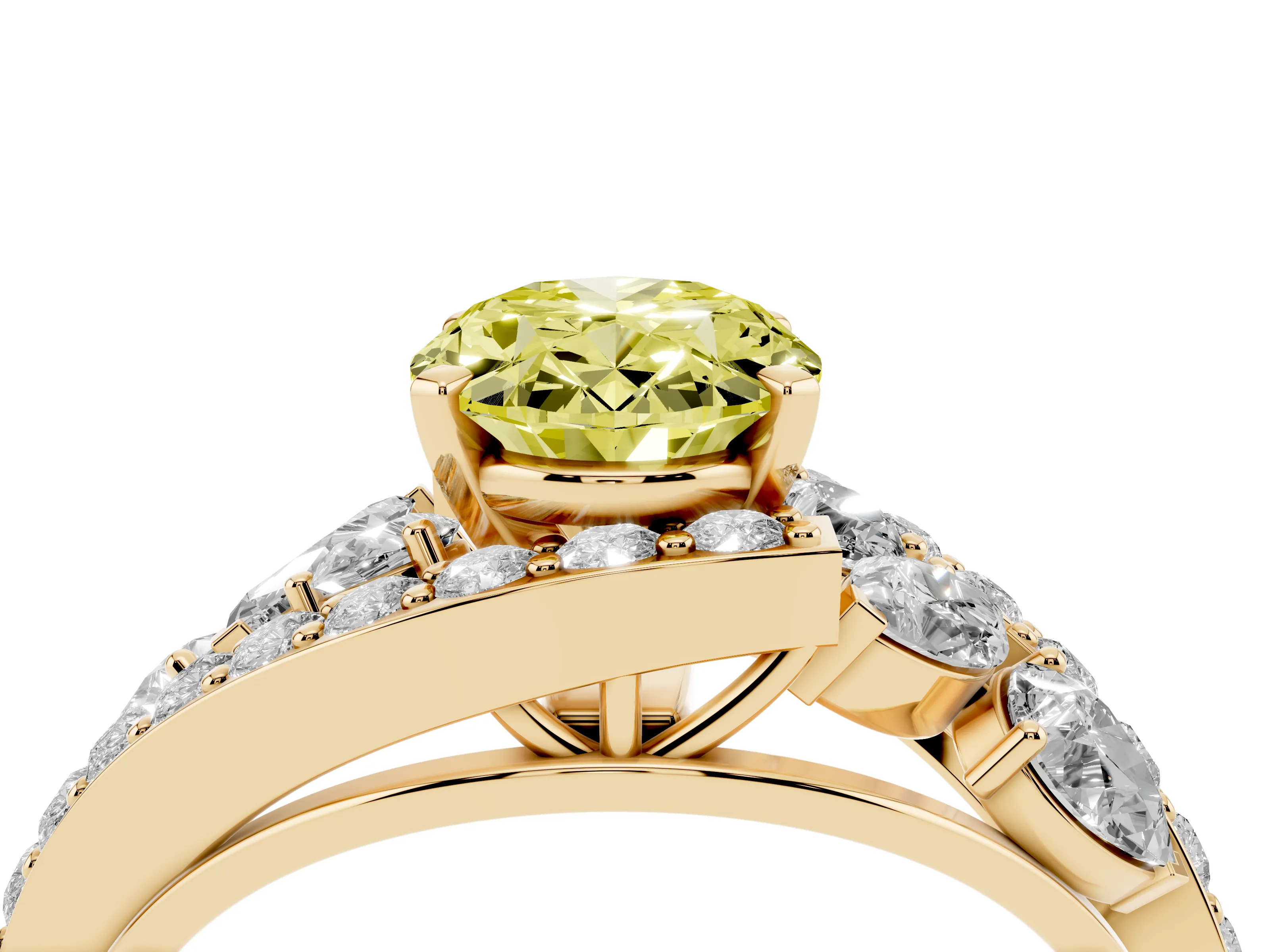 Fancy Yellow Oval Cut Diamond Halo Ring Set in Yellow gold with Marquise and Pavé Band in Prong Setting
