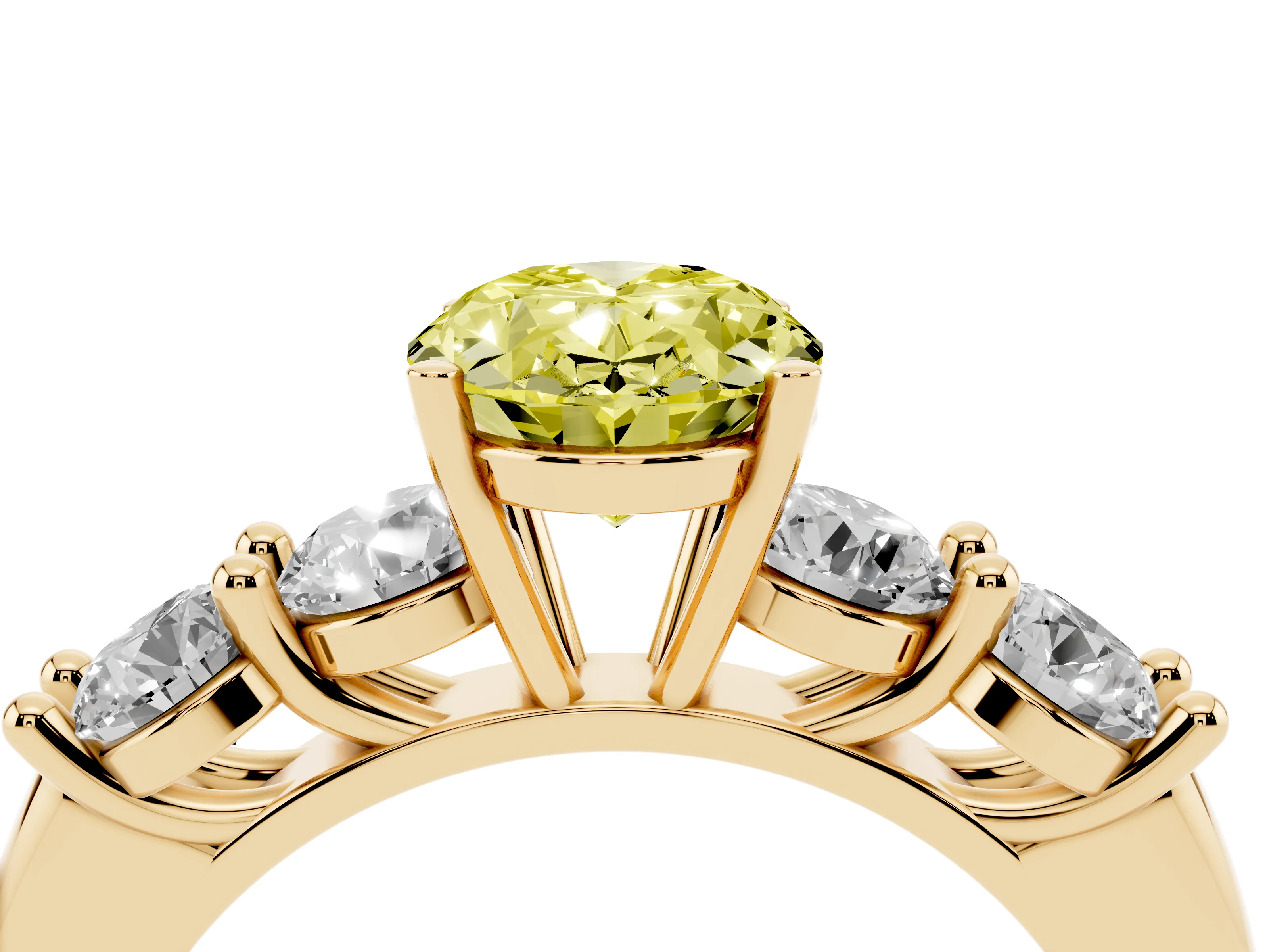 Fancy Yellow Oval Cut Diamond Five-Stone Prong Set Ring Set in Yellow gold with Classic Band