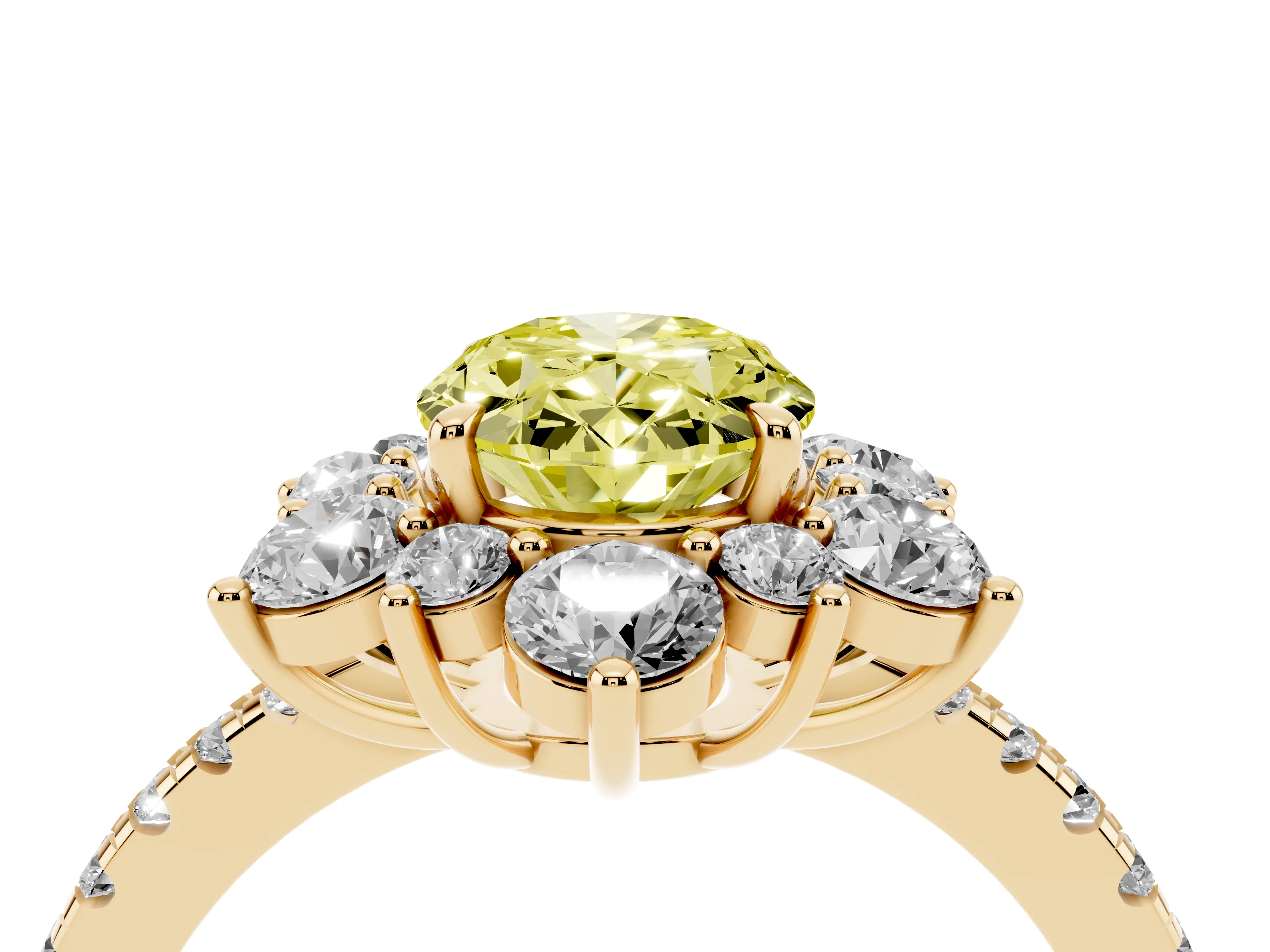 Fancy Yellow Oval Cut Diamond Floral Halo Ring Set in Yellow gold with Round Pavé Band and Prong Setting