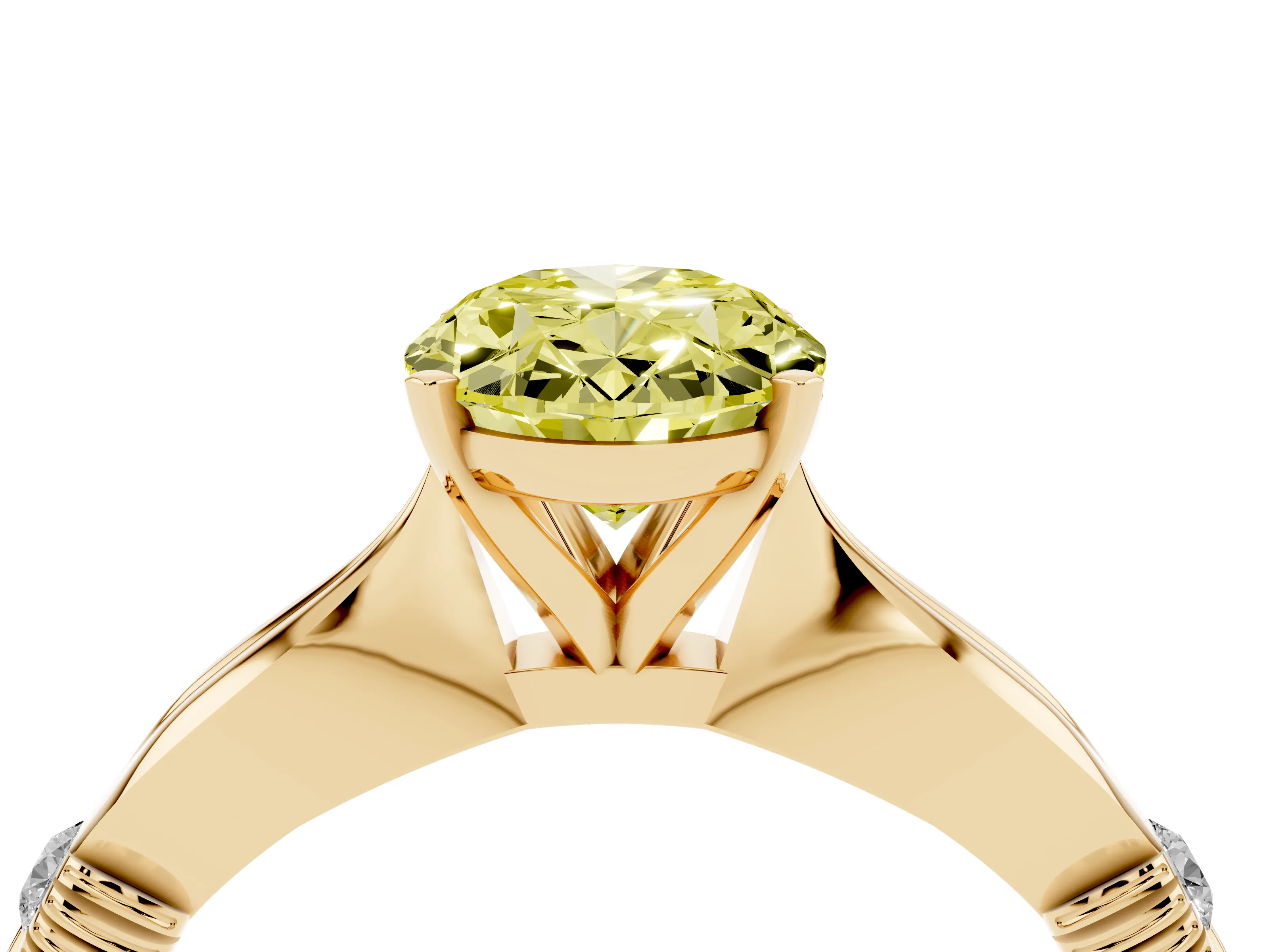 Fancy Yellow Oval Cut Diamond Solitaire Twisted Band Ring Set in Yellow gold with Accent Stones and Prong Setting