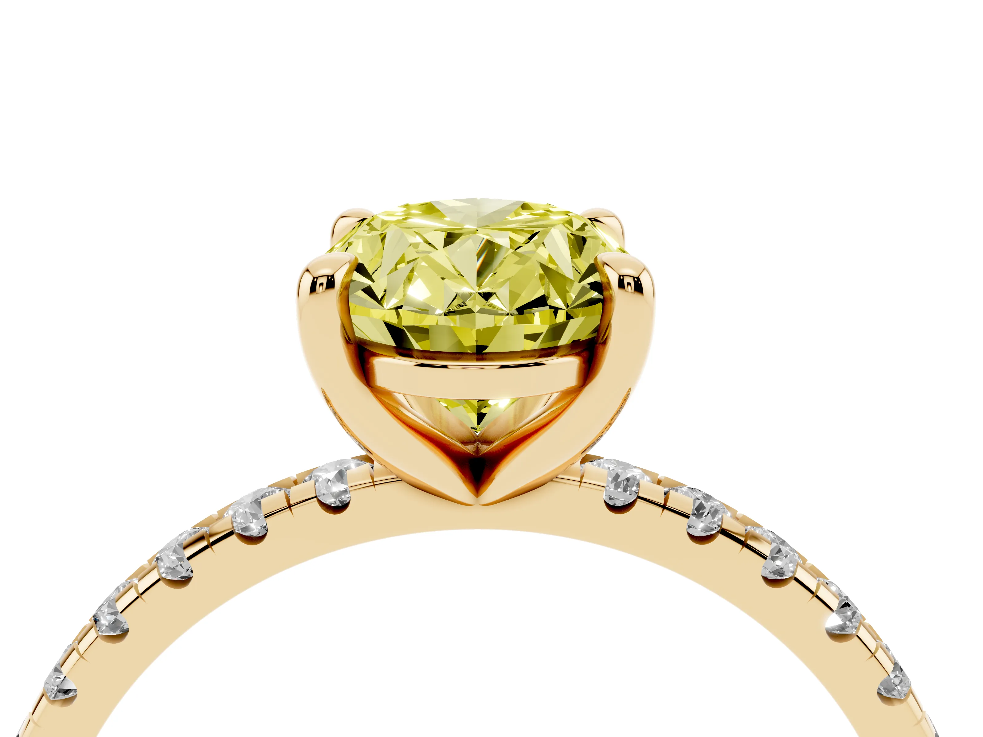 Fancy Yellow Oval Cut Diamond Brilliant Solitaire Ring Set in Yellow gold with Pavé Band and Prong Setting