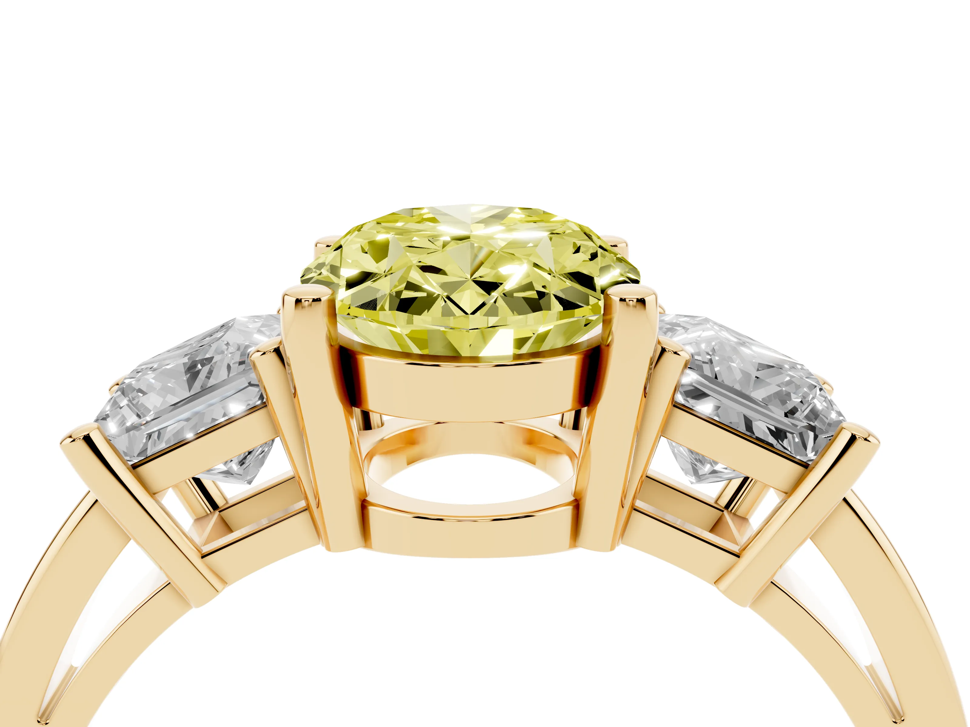 Fancy Yellow Three-Stone Oval Cut Diamond Solitaire Ring Set in Yellow gold with Prong Setting