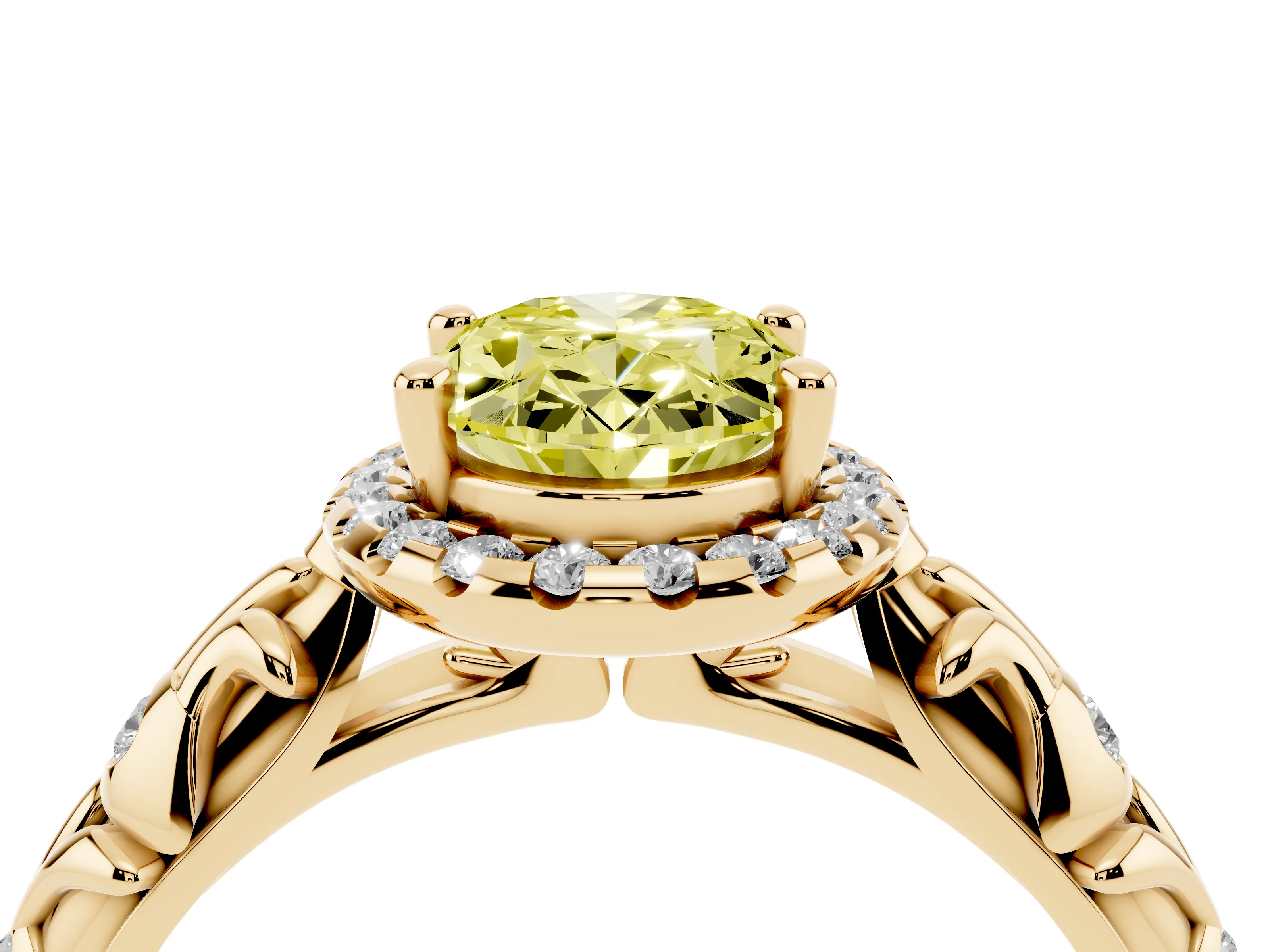 Fancy Yellow Oval Cut Diamond Halo Ring Set in Yellow gold with Filigree Leaf Band and Prong Setting