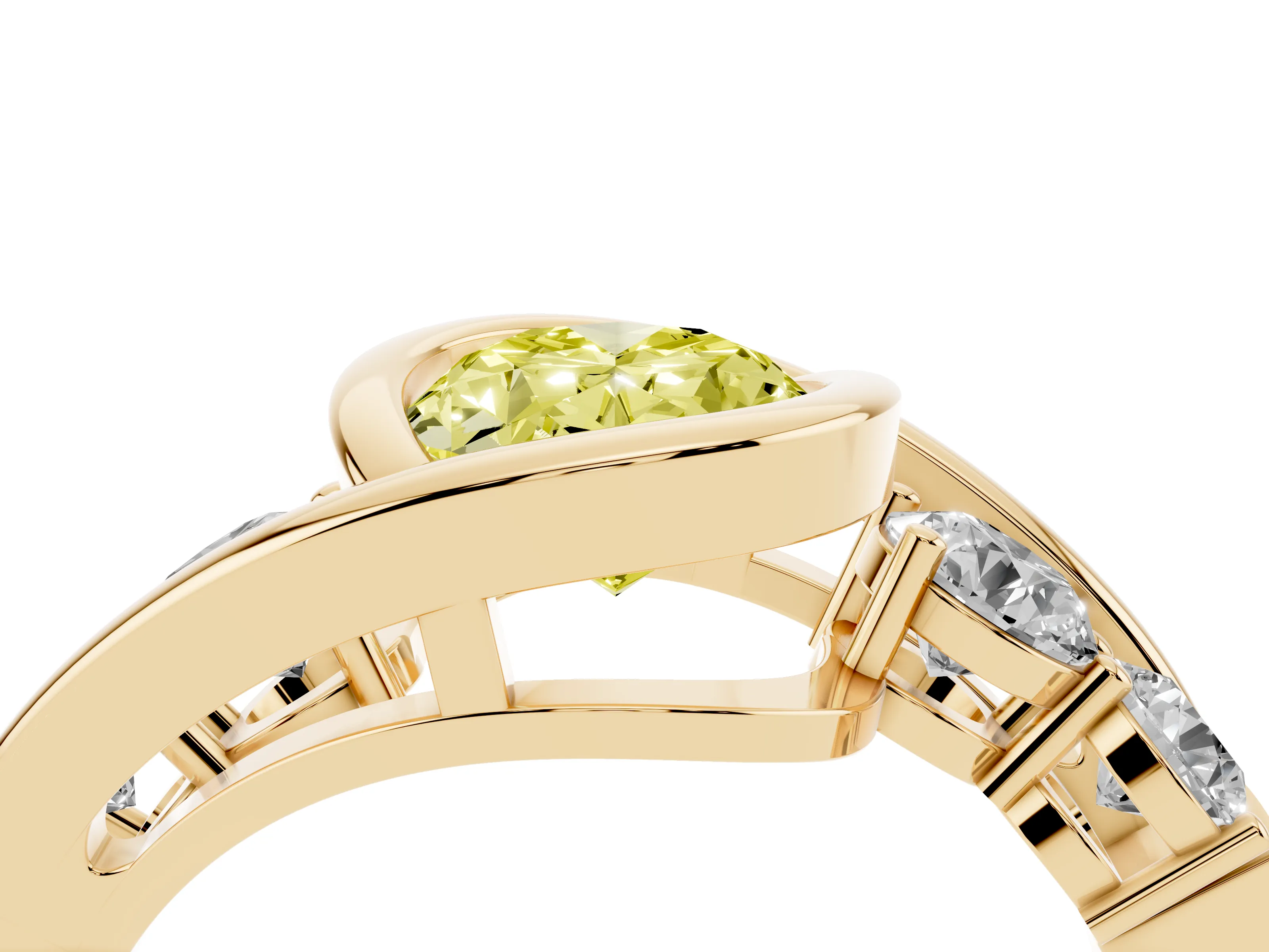 Fancy Yellow Oval Cut Diamond Bezel Bypass Ring Set in Yellow gold with Round Accents