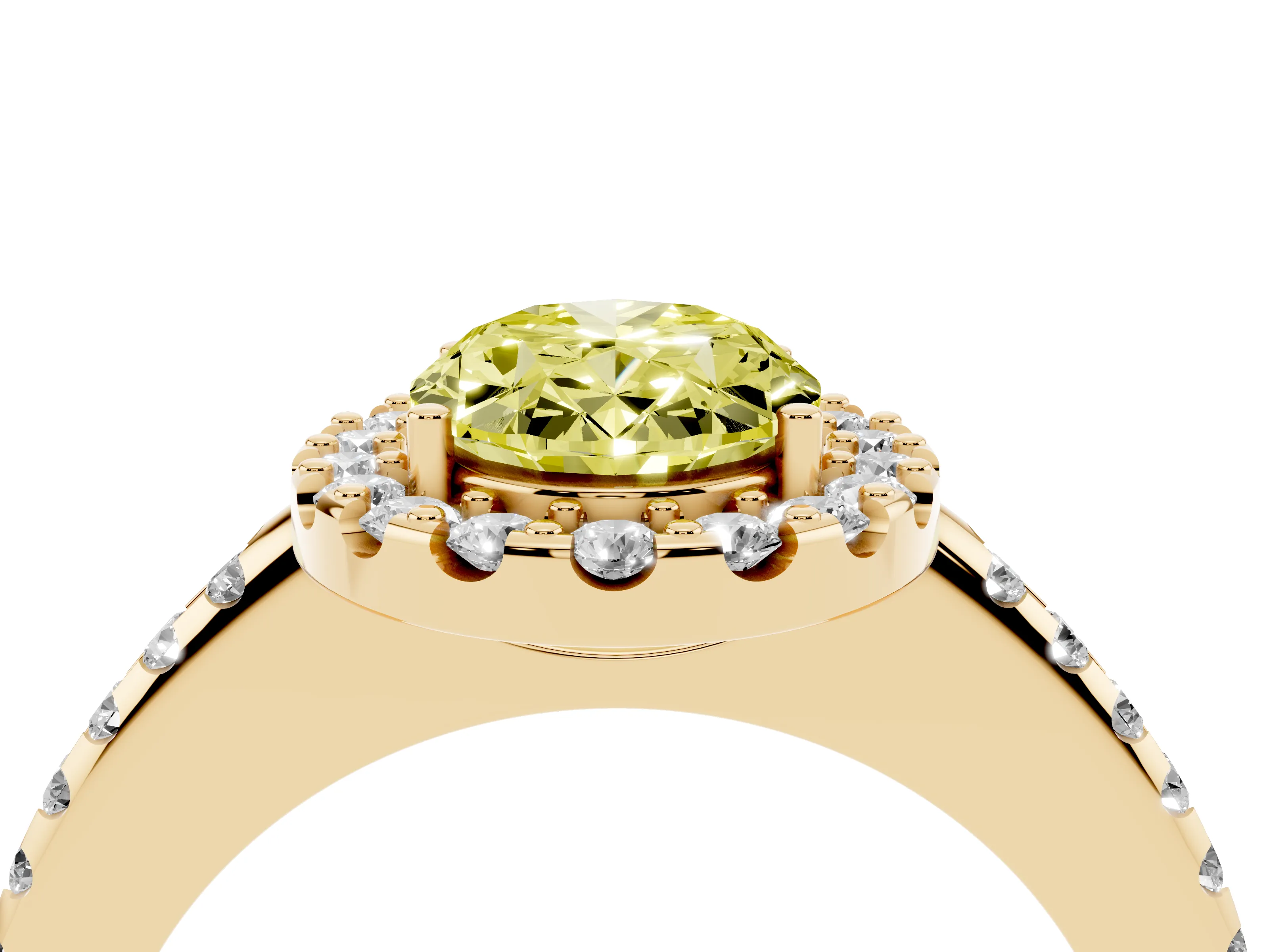 Fancy Yellow Oval Cut Diamond Pavé Halo Ring Set in Yellow gold with Prong Setting