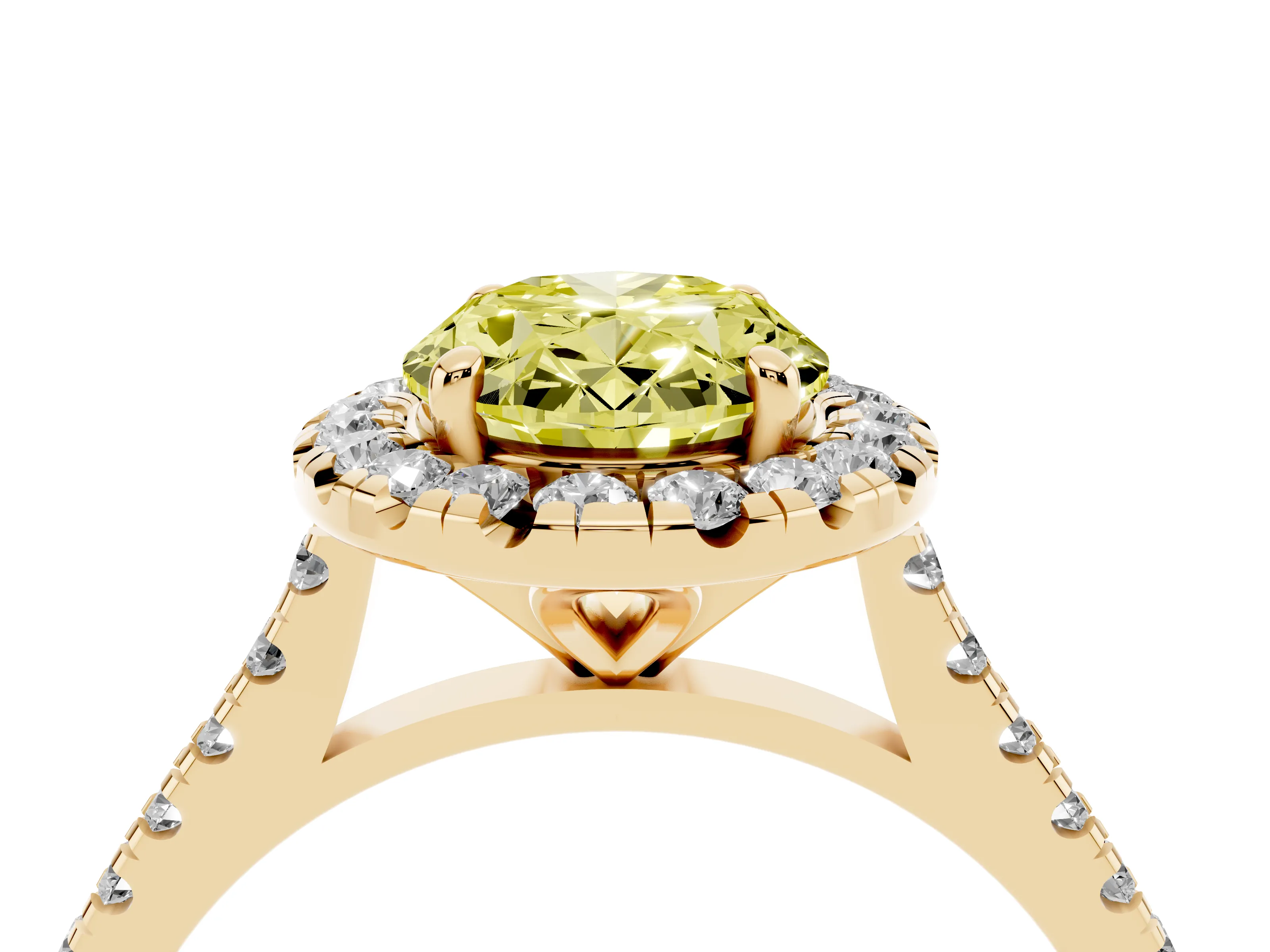 Fancy Yellow Oval Cut Diamond Cushion Halo Ring Set in Yellow gold with Pavé Band