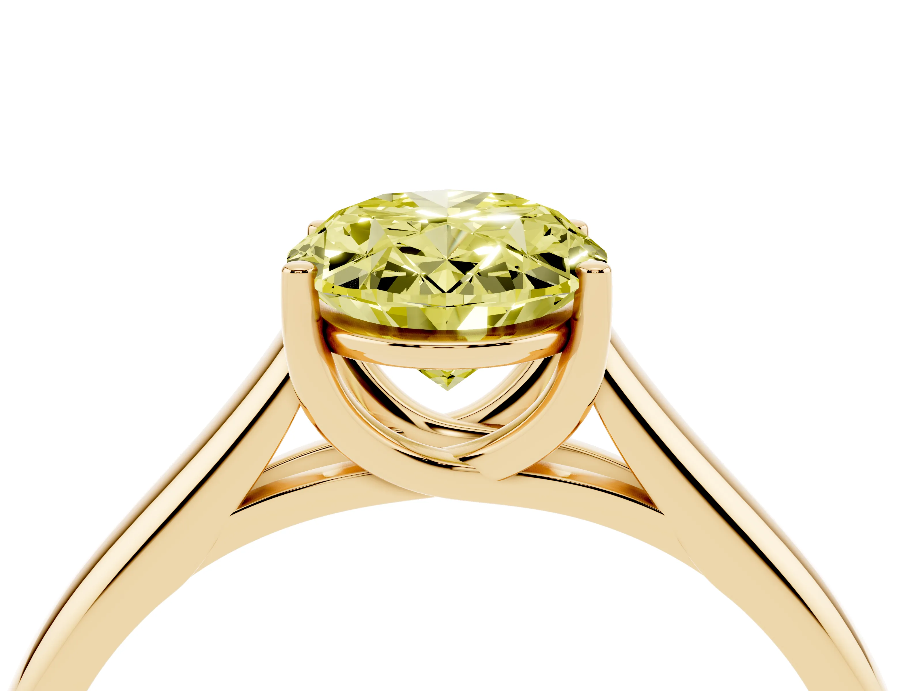 Fancy Yellow Oval Cut Diamond Solitaire Engagement Ring Set in Yellow gold with Subtly Tapered Band and Prong Setting