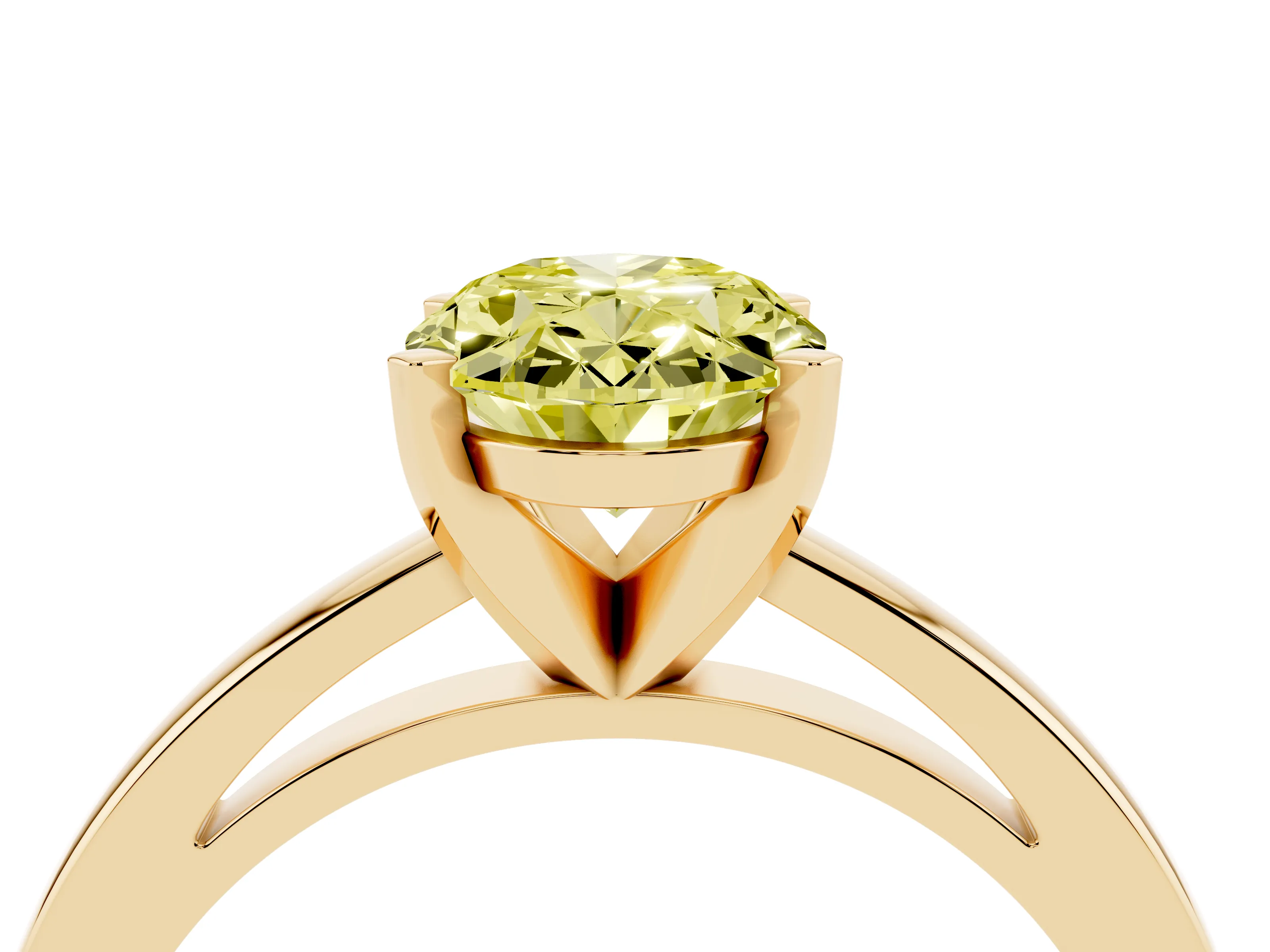 Fancy Yellow Oval Cut Diamond Solitaire Engagement Ring Set in Yellow gold with Prong Setting on a Classic Band
