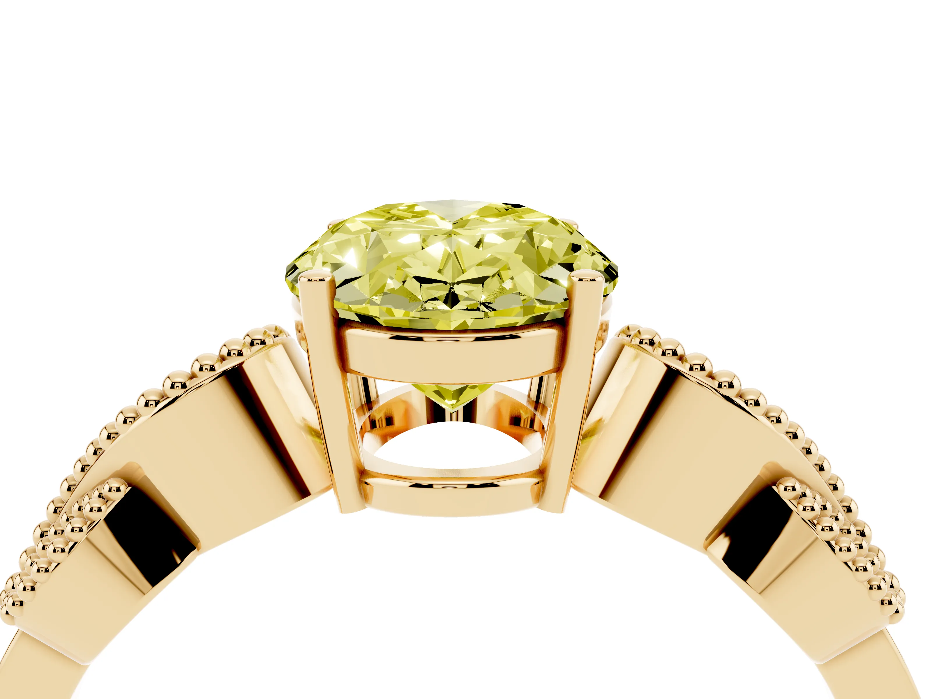 Fancy Yellow Oval Cut Diamond Milgrain Leaf Band Solitaire Ring Set in Yellow gold with Accent Stones and Prong Setting
