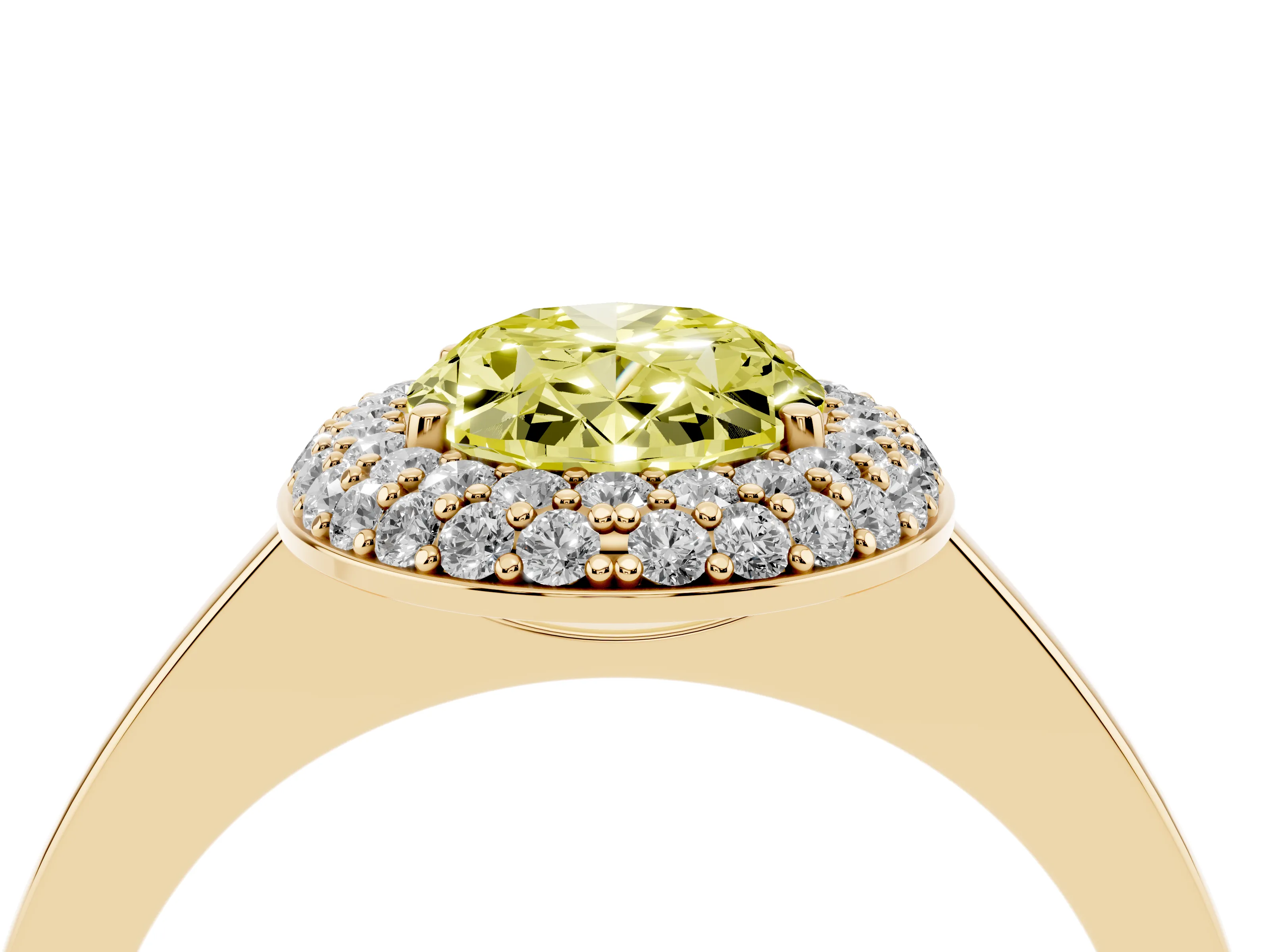 Fancy Yellow Oval Cut Diamond Halo Engagement Ring Set in Yellow gold with Solitaire Band and Prong Setting