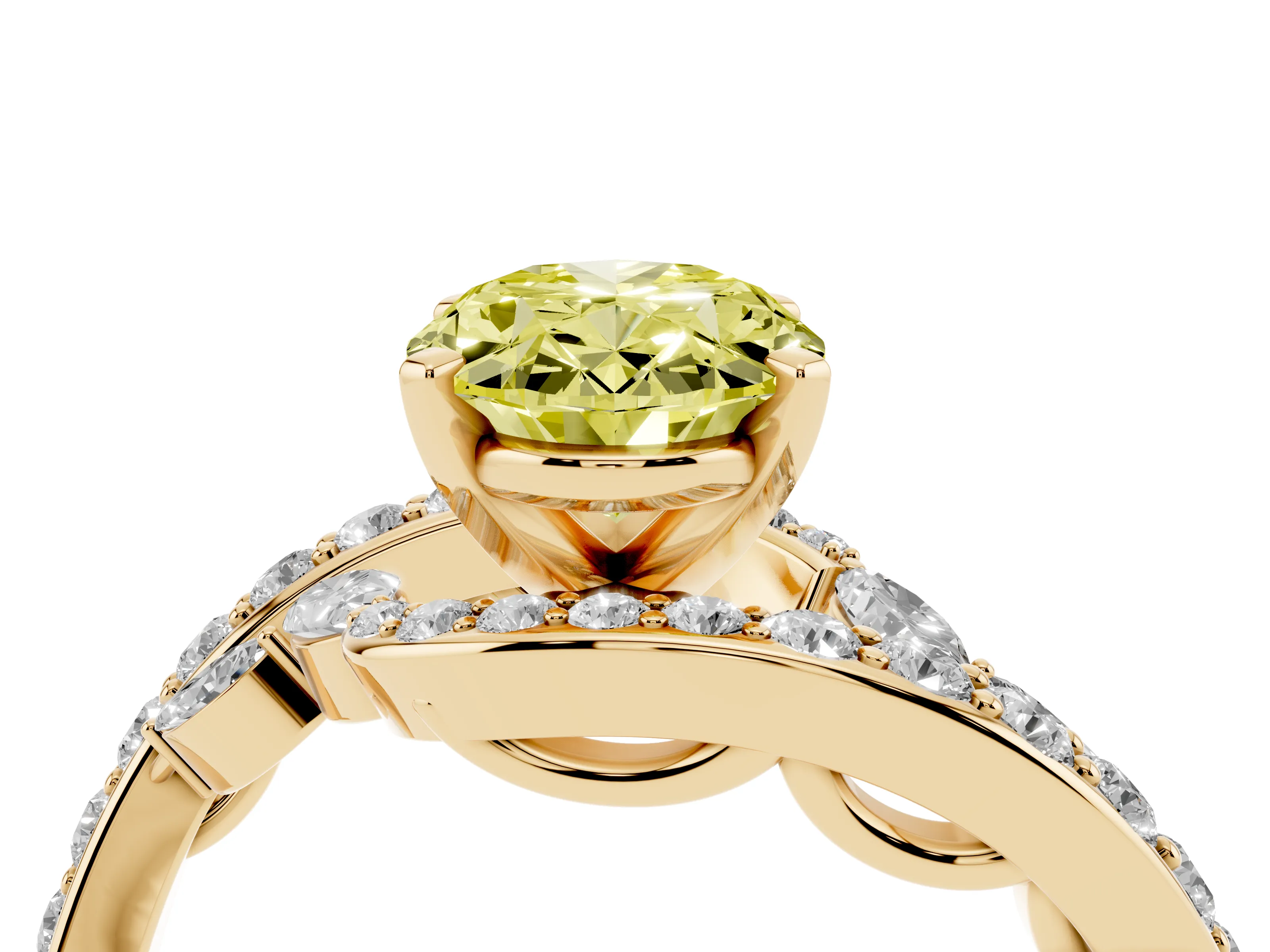 Fancy Yellow Oval Cut Diamond Solitaire Ring Set in Yellow gold with Pavé Twist Band and Secure Prong Setting