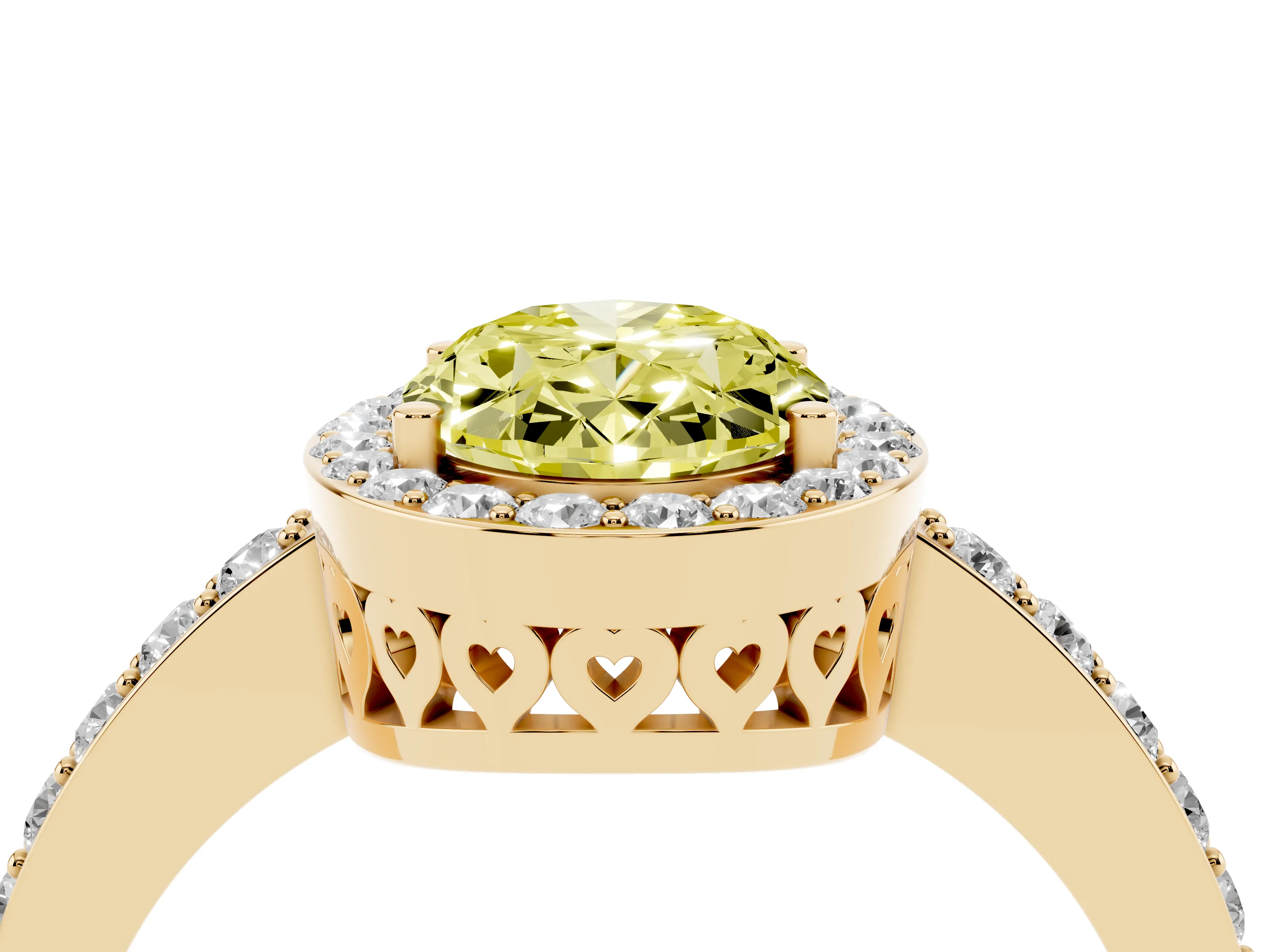 Fancy Yellow Oval Cut Diamond Halo Ring Set in Yellow gold with Pavé-Setting Band and Open Prong Center