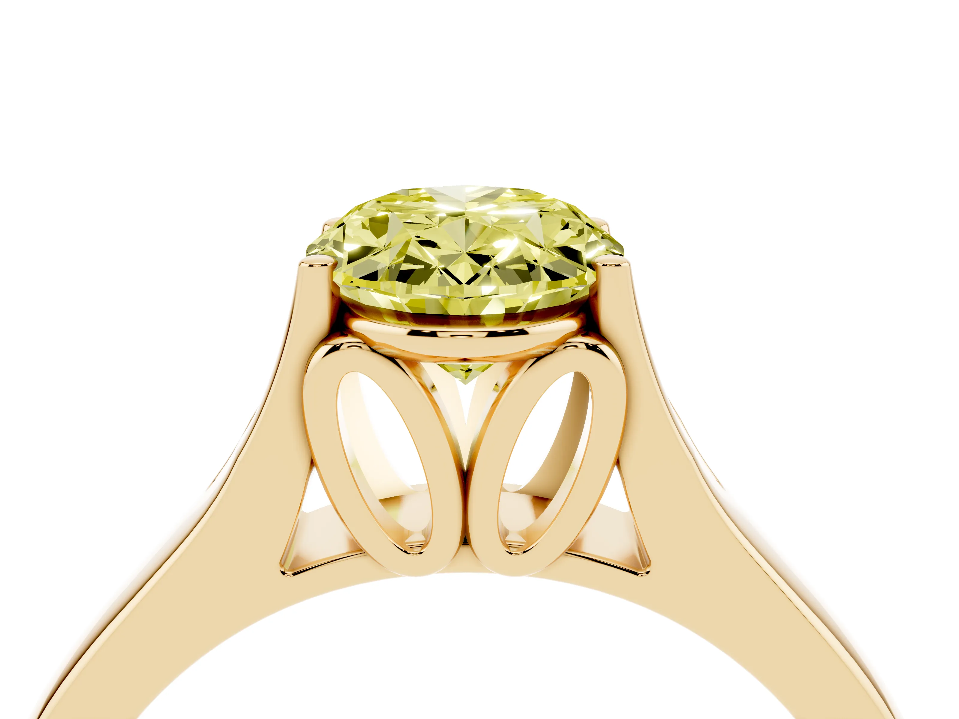Fancy Yellow Oval Cut Diamond Solitaire Ring Set in Yellow gold with Arched Cathedral Band and Prong Setting