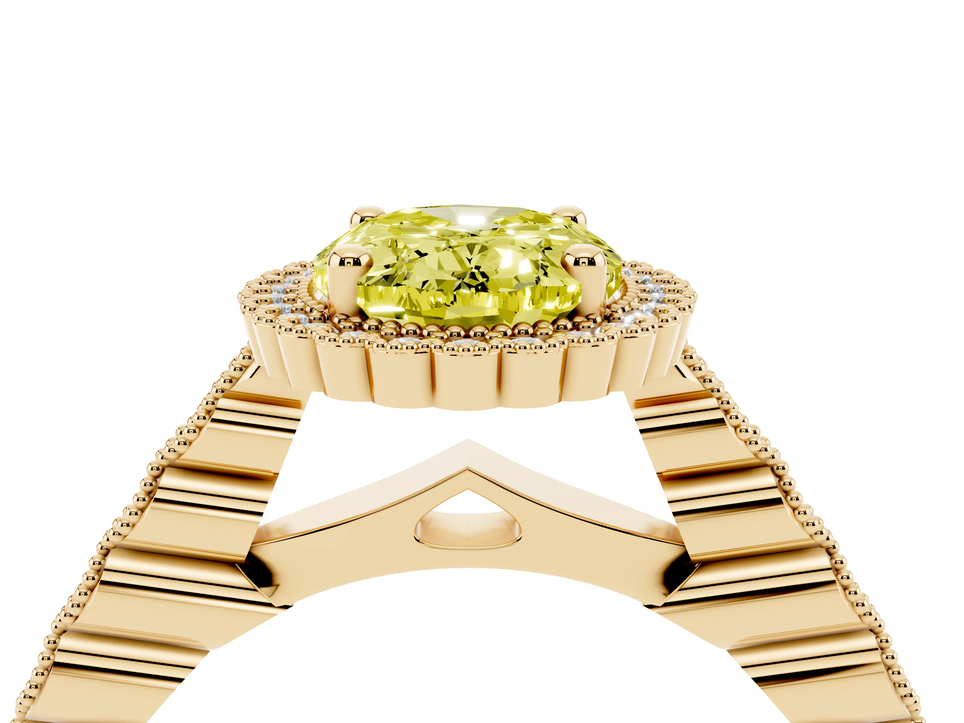 Fancy Yellow Oval Cut Diamond Halo Ring Set in Yellow gold with Pavé Milgrain Band